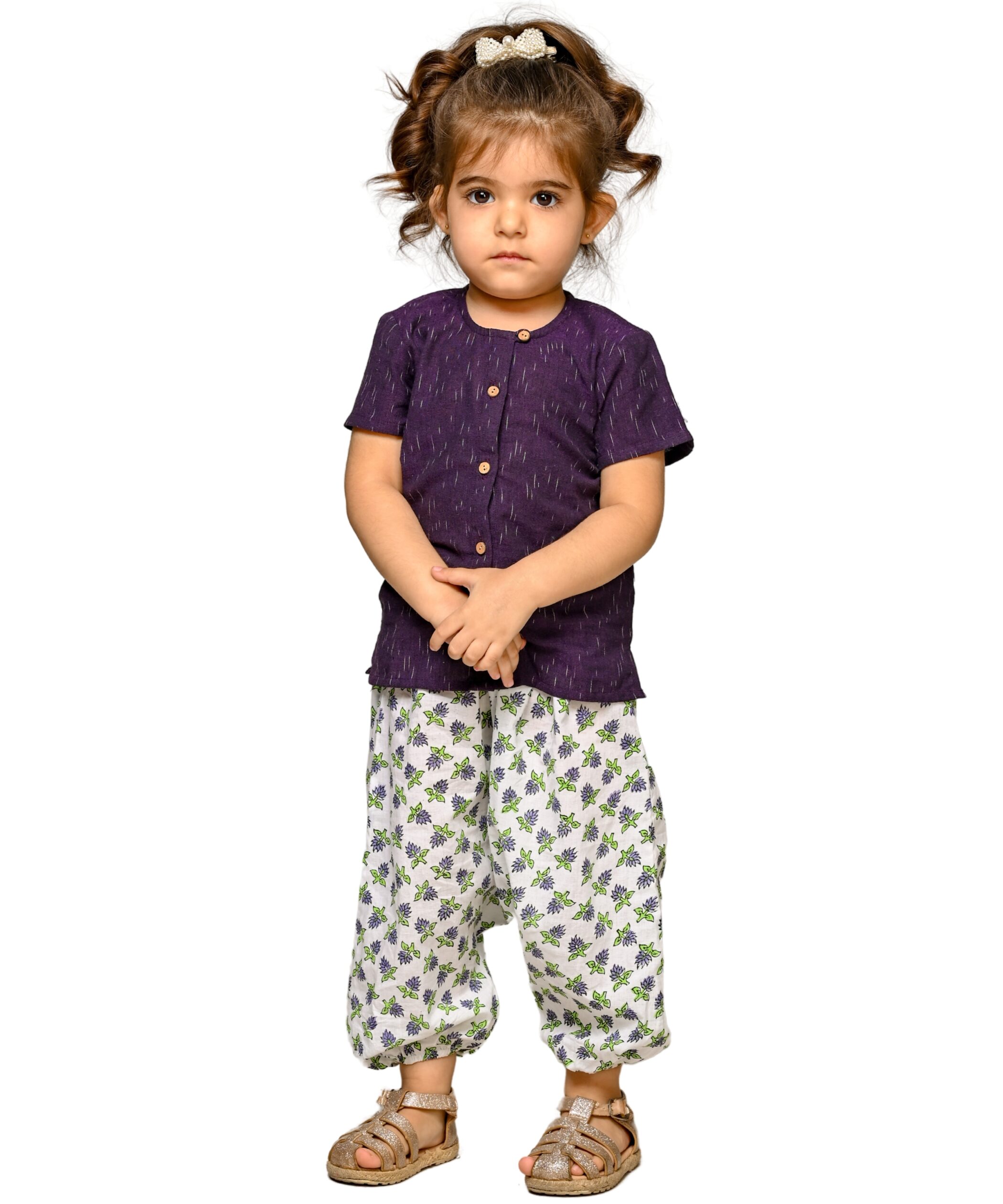 Baby Girls Cotton Top With Pant – Purple & White Clothing Set 1 2 3 4 years