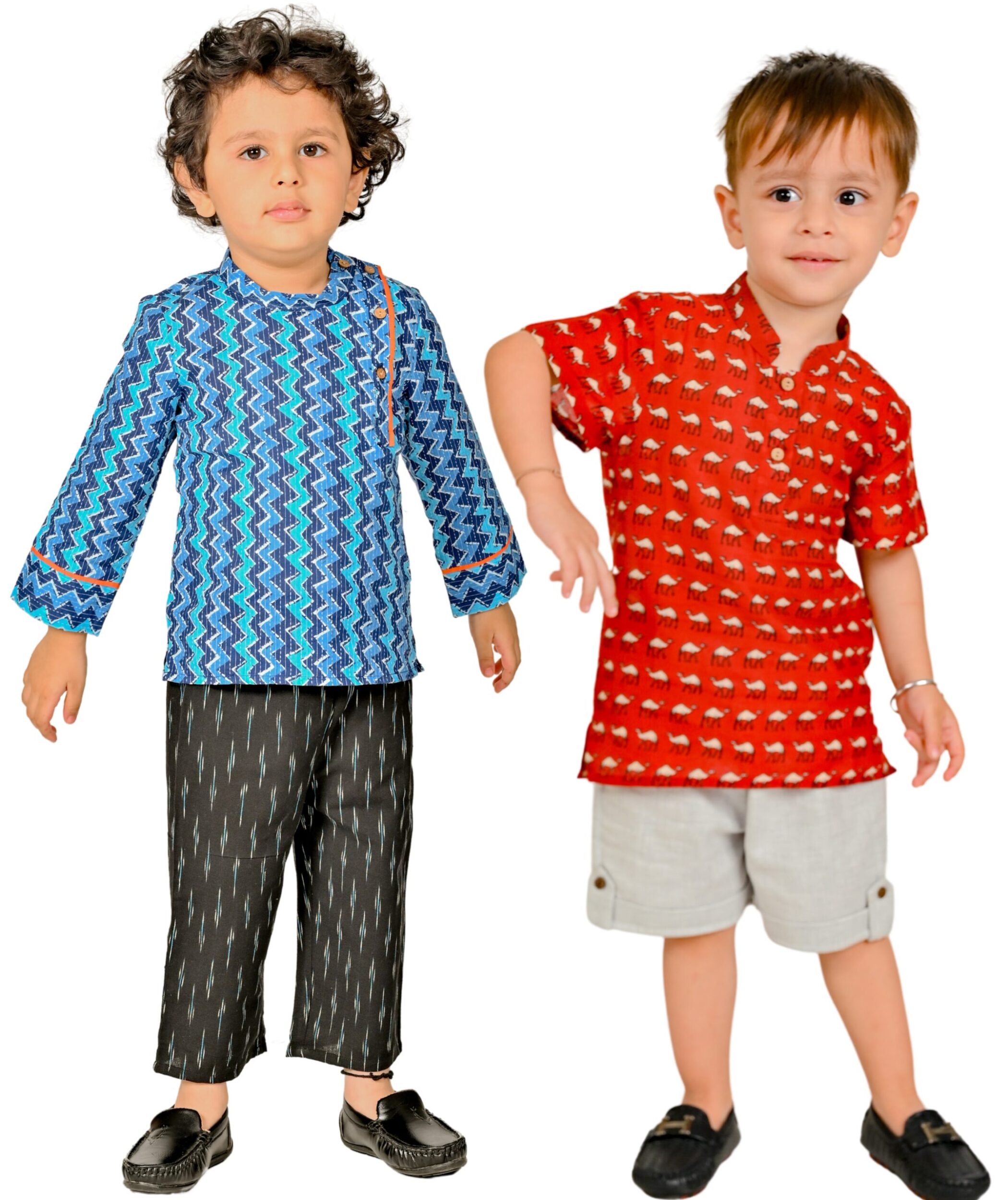 Baby Boys Cotton Shirt, Pant & Shorts – Blue:Black & Red:Grey Combo Set