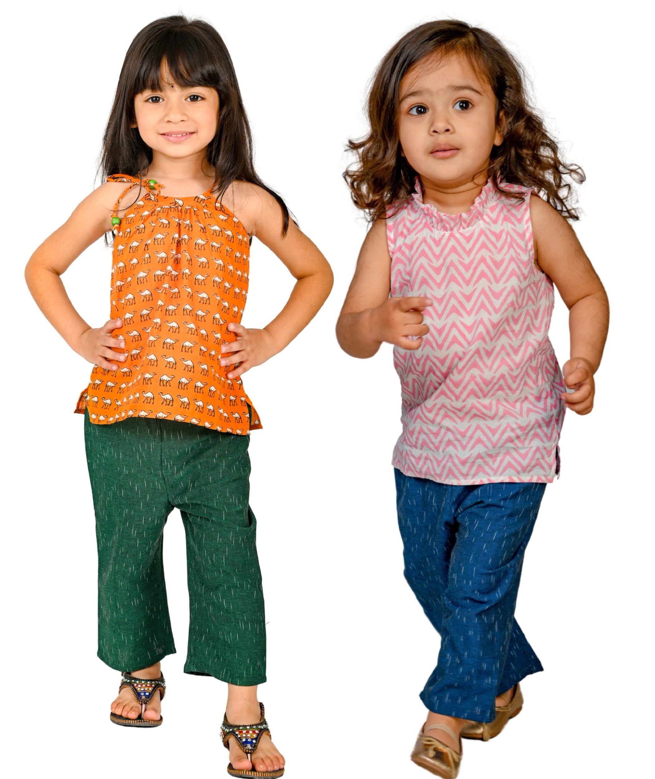 Baby Girls Cotton Clothes Top With Pant – Orange:Green & Pink:Blue Combo Set