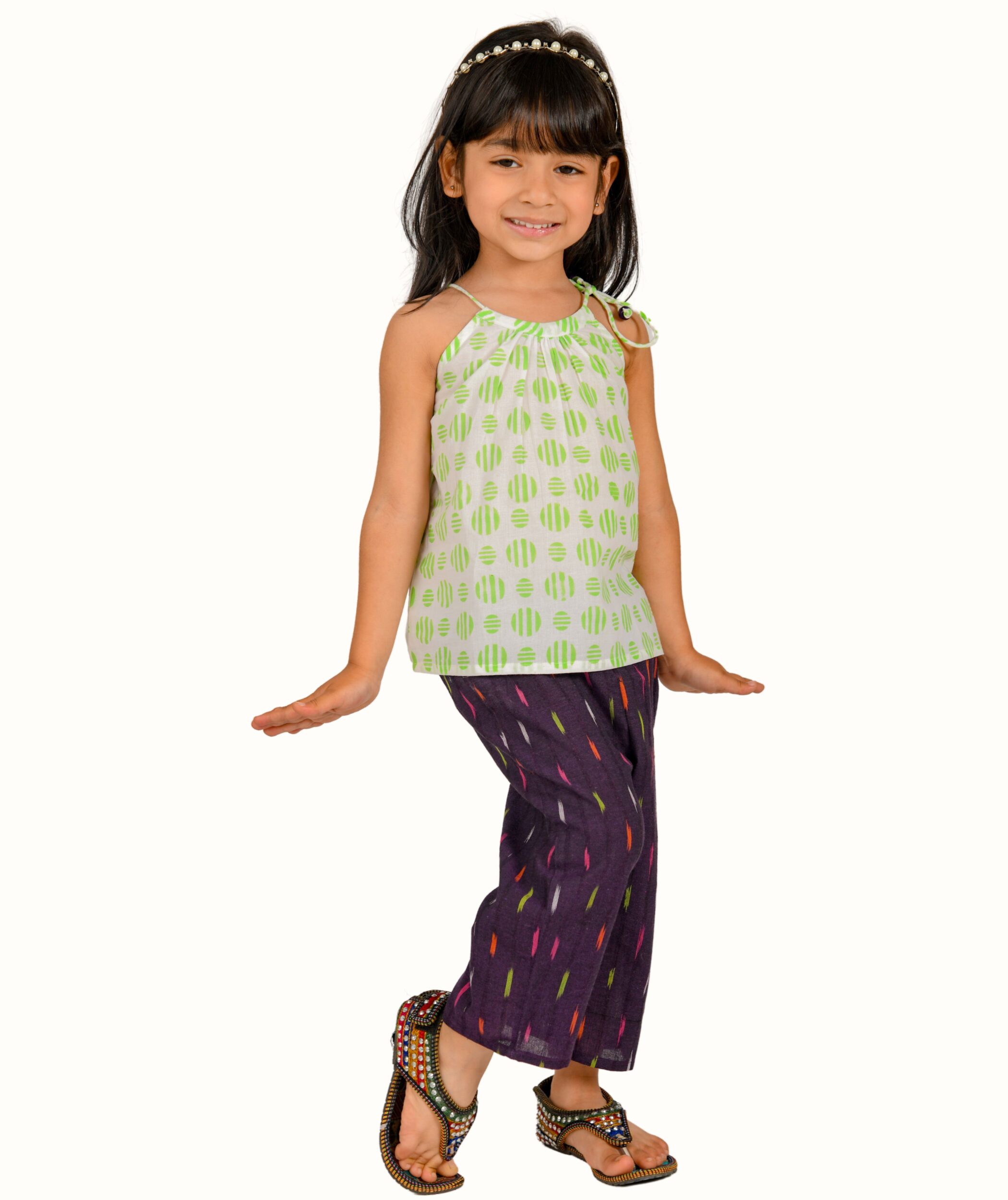 Baby Girls Cotton Top With Pant - Green & Purple Clothing Set