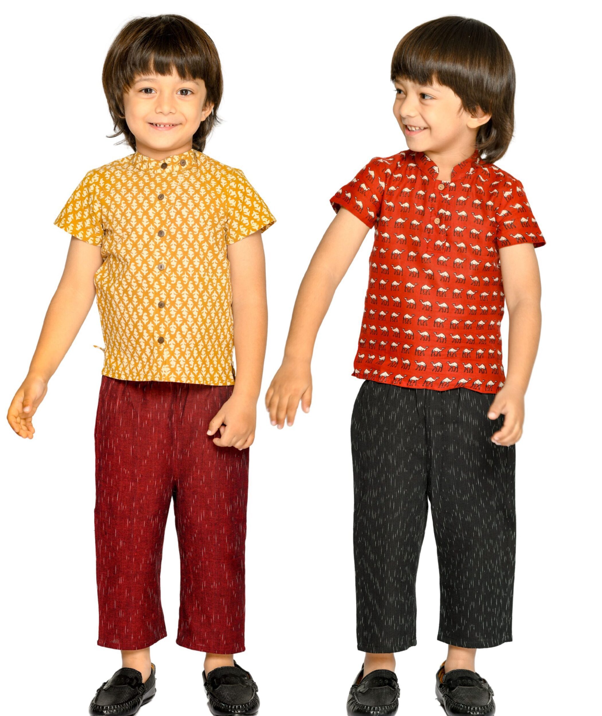 Baby Boys Cotton Shirt With Pant – Yellow:Maroon & Red:Black Combo Set