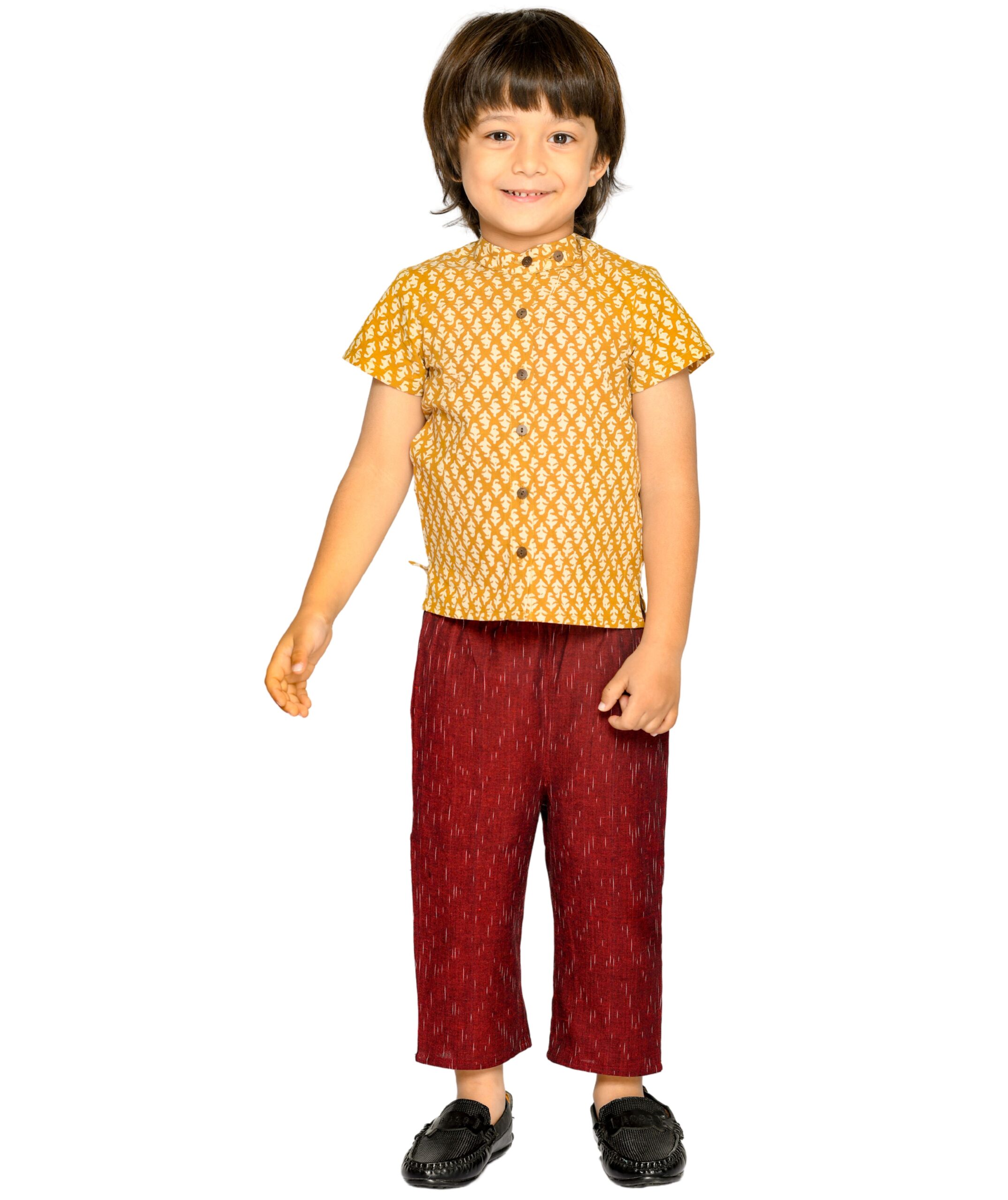 Baby Boys Cotton Shirt With Pant – Yellow & Maroon Clothing Set