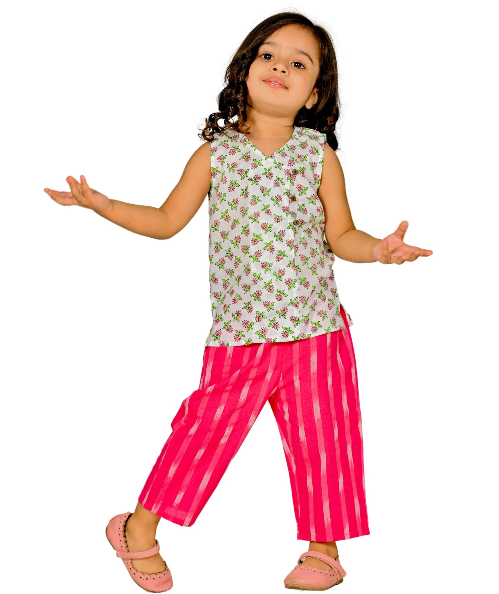 Baby Girls' Dresses Cotton Clothes Top Pant Set 1 To 4 Years White Pink Sleeveless Leaf Printed Festival Wear Kids Birthday Party Outfits Tiny Bunnies 1 2 3 4