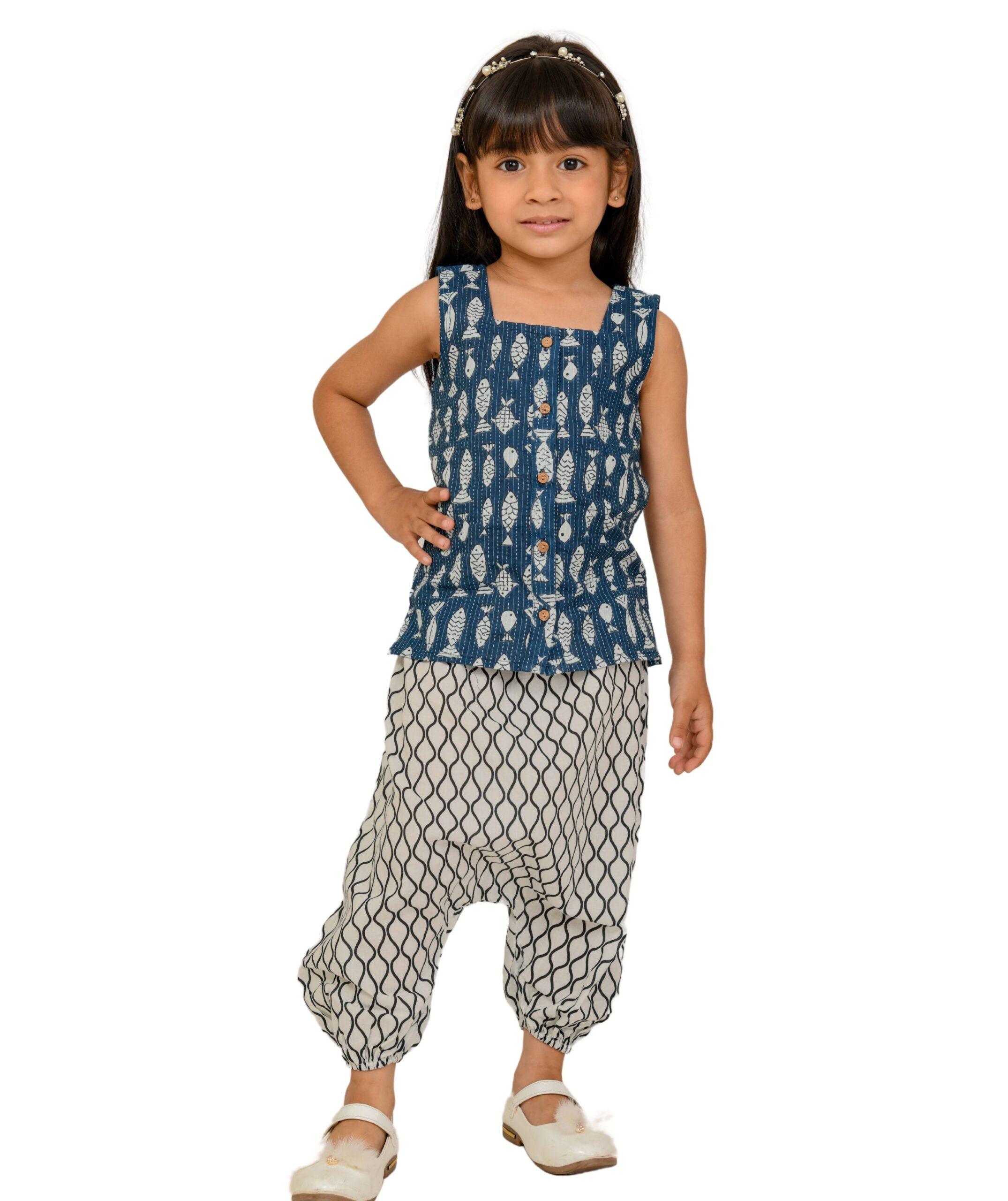 Baby Girls Cotton Top With Pant – Blue & White Clothing Set