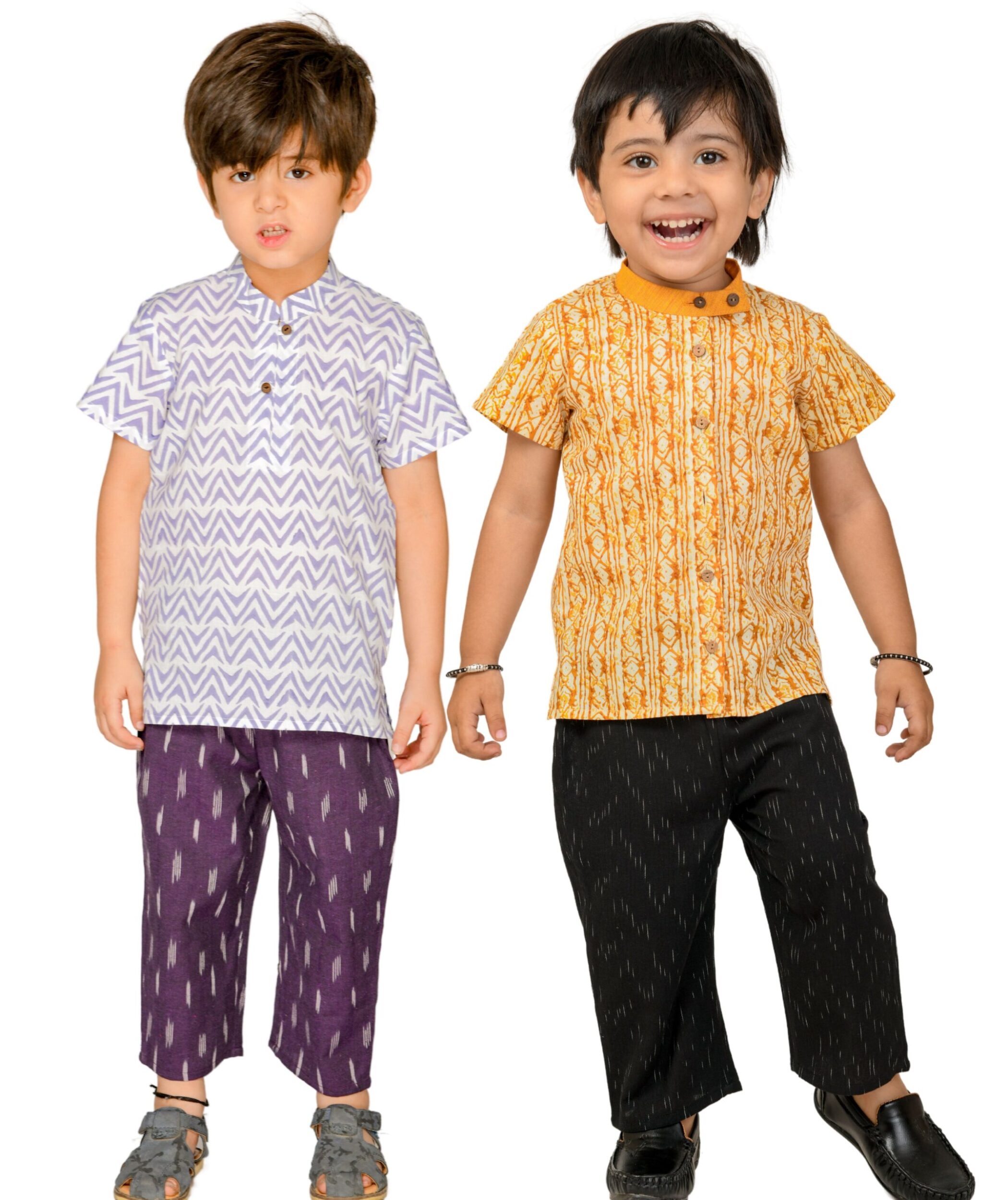 Baby Boys Cotton Shirt With Pant – White:Purple & Yellow:Black Combo Set