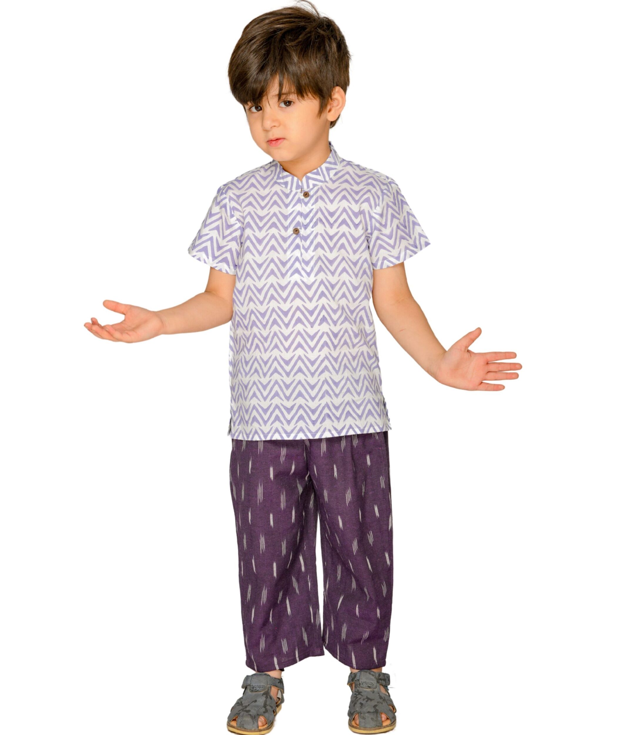 Baby Boys Dress Cotton Clothes Shirt Pant Set 1-2 Years White Purple Summer Wear Children Half Sleeve Chevron Print Birthday Party Outfit Tiny Bunnies 1 2 3 4