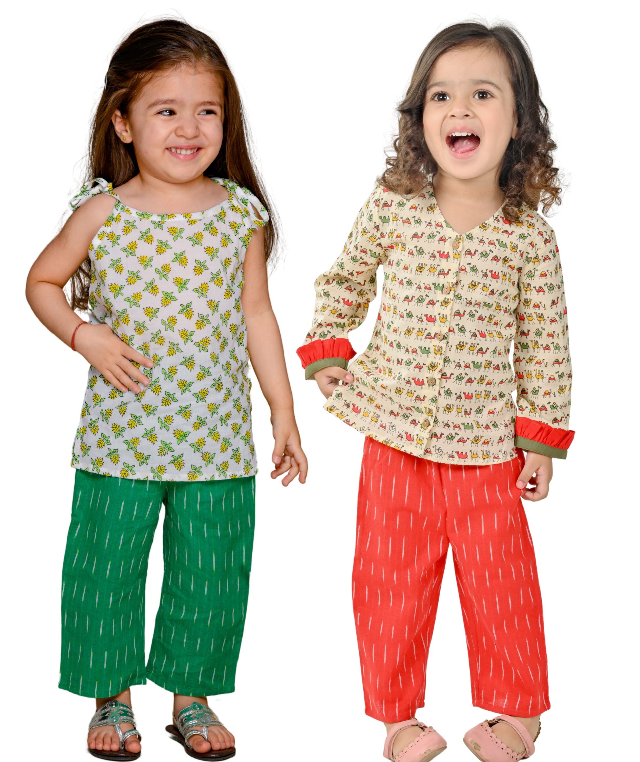 Baby Girls Cotton Clothes Top With Pant – White:Green & Beige:Red Combo Set