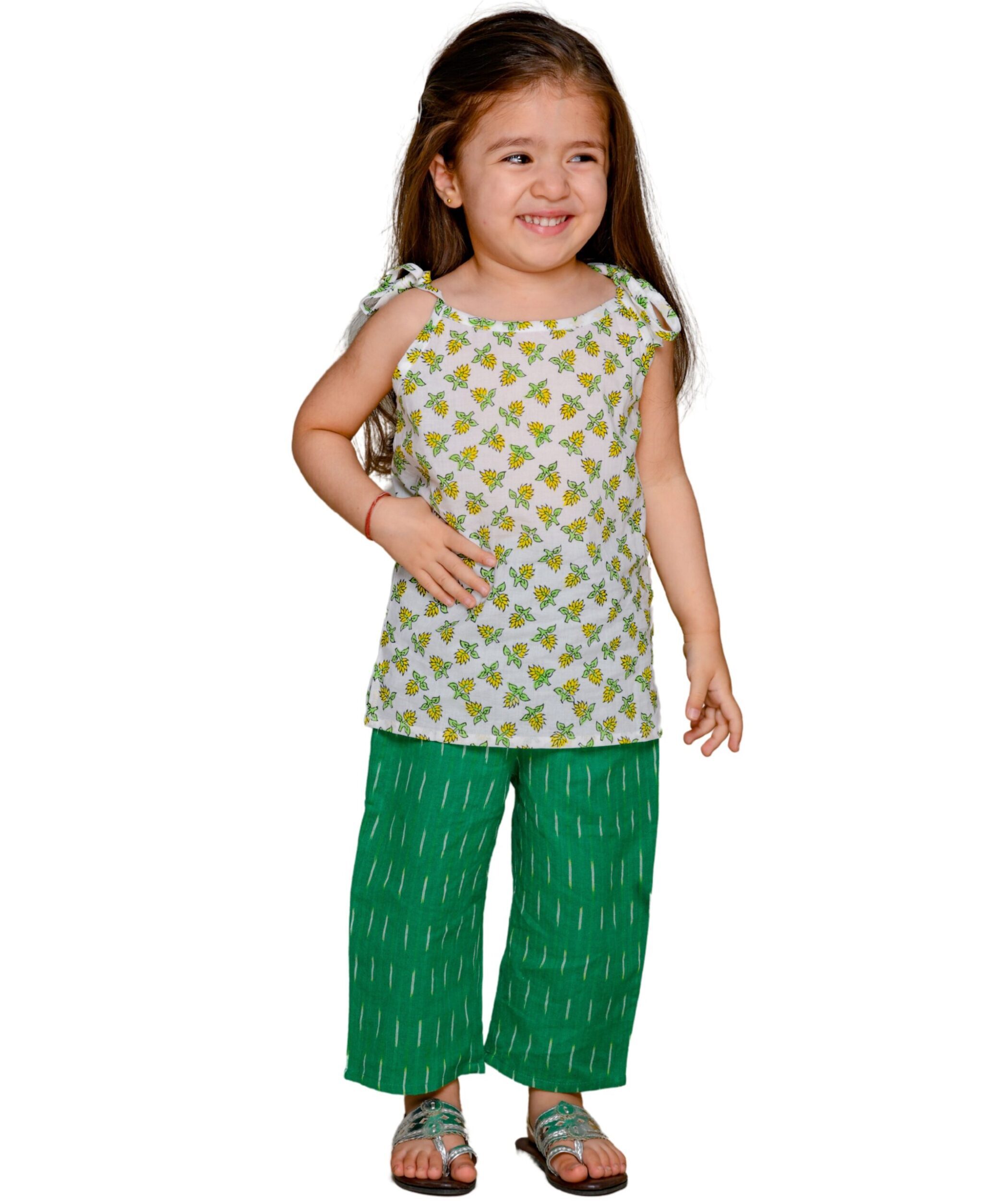 Baby Girls Cotton Top With Pant – White & Green Clothing Set