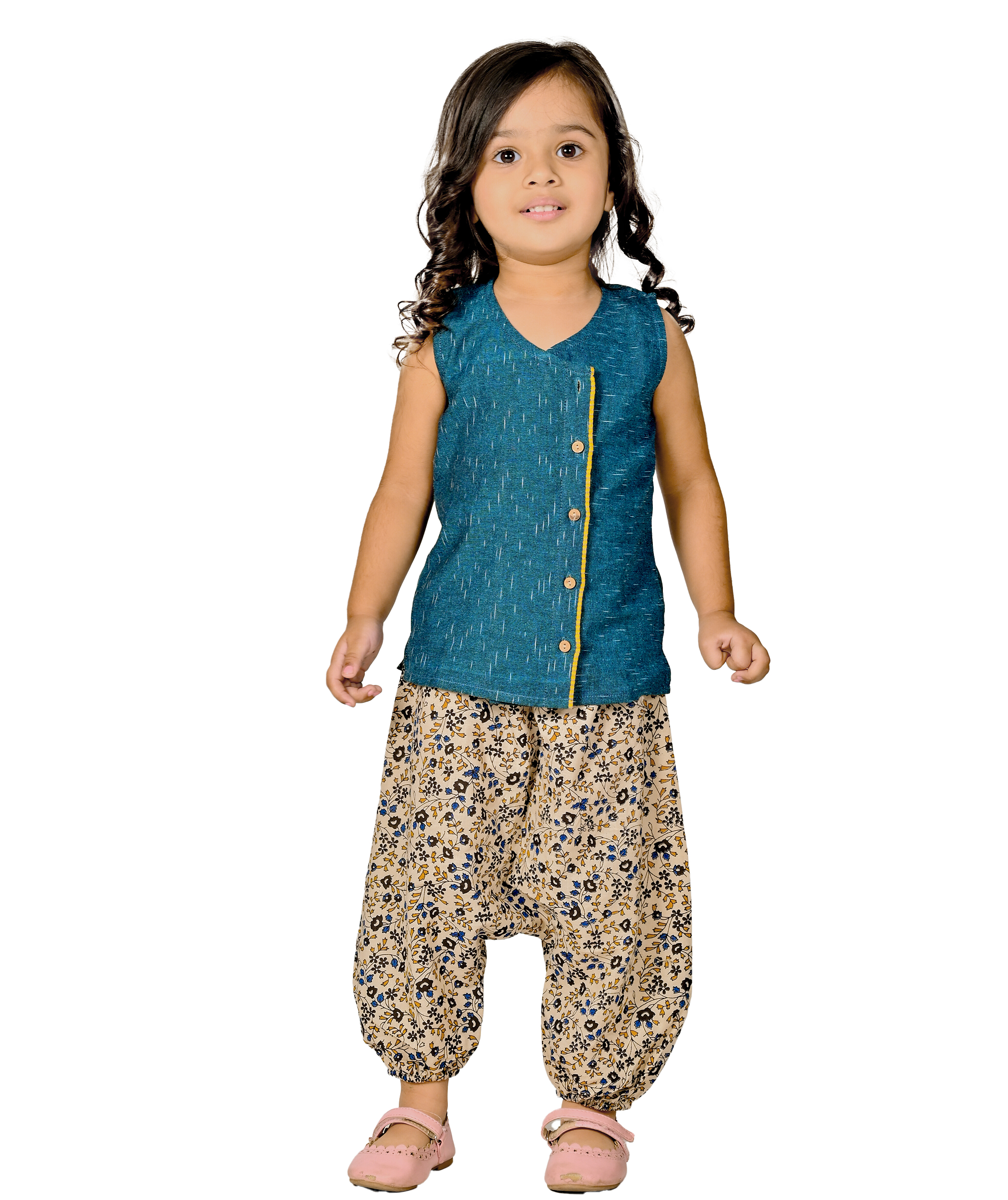 Baby Girls Cotton Top With Pant – Blue & Beige Clothing Set