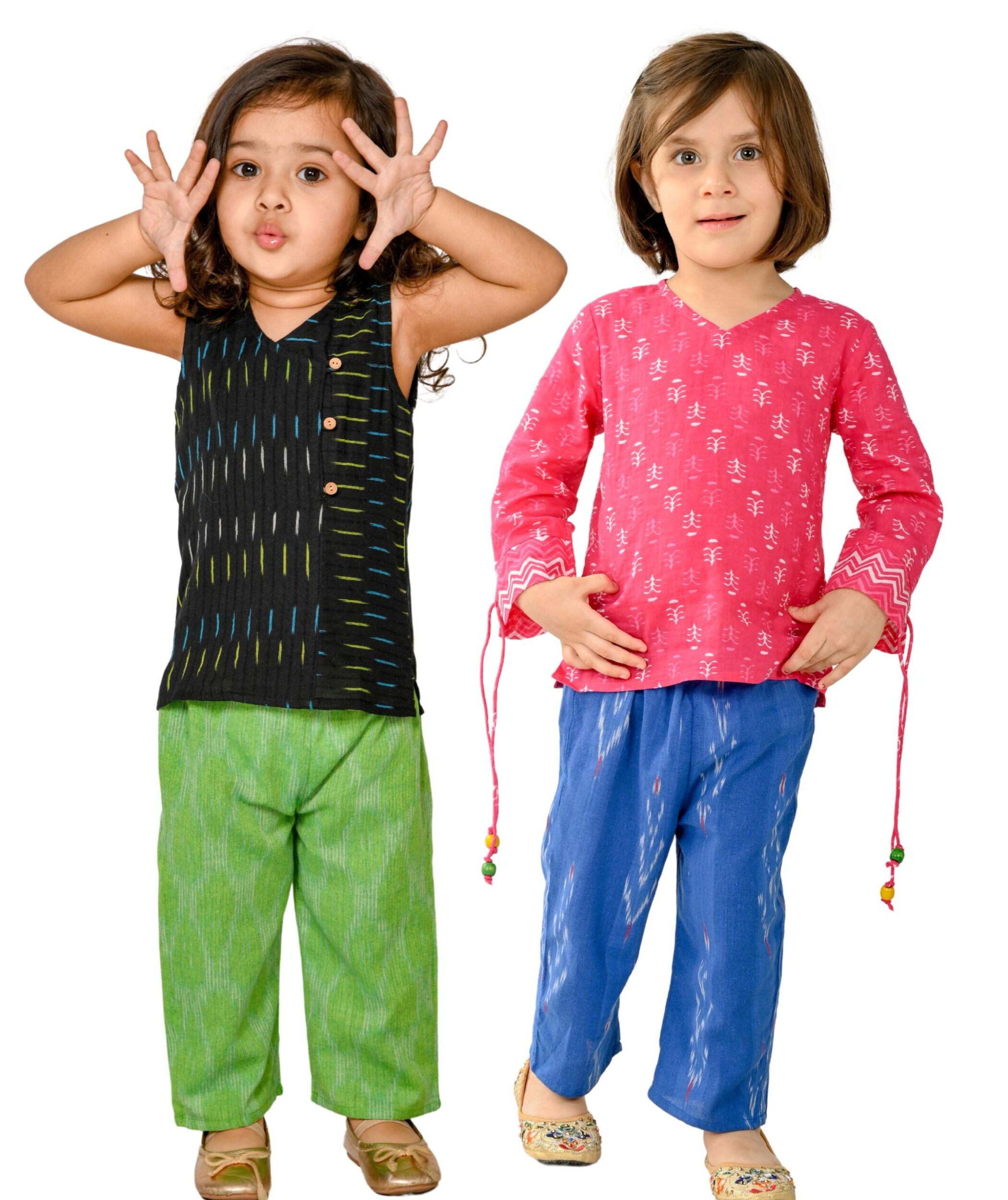 Baby Girls Cotton Clothes Top With Pant – Black:Green & Pink:Blue Combo Set