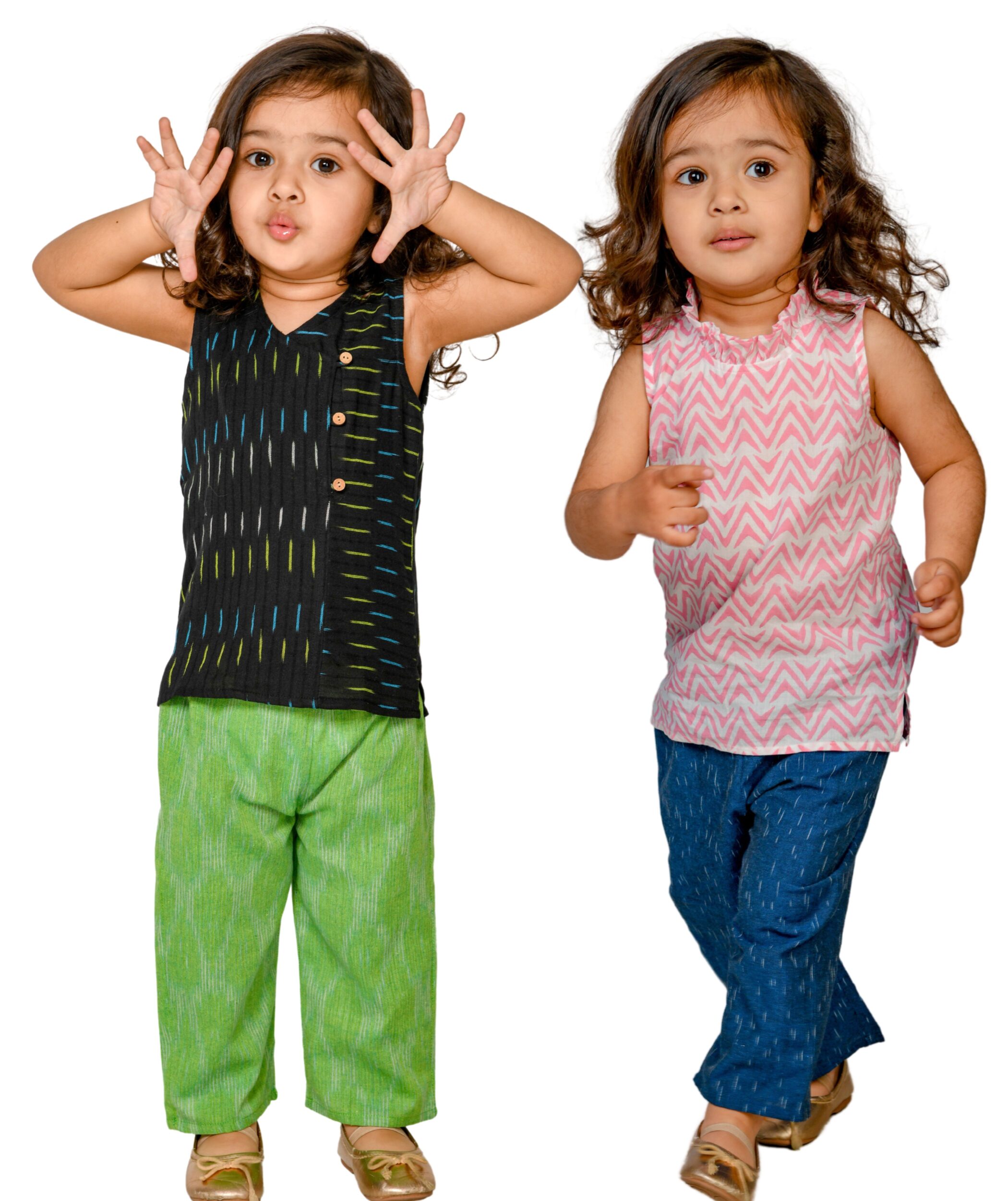 Baby Girls Cotton Clothes Top With Pant – Black:Green & Pink:Blue Combo Set