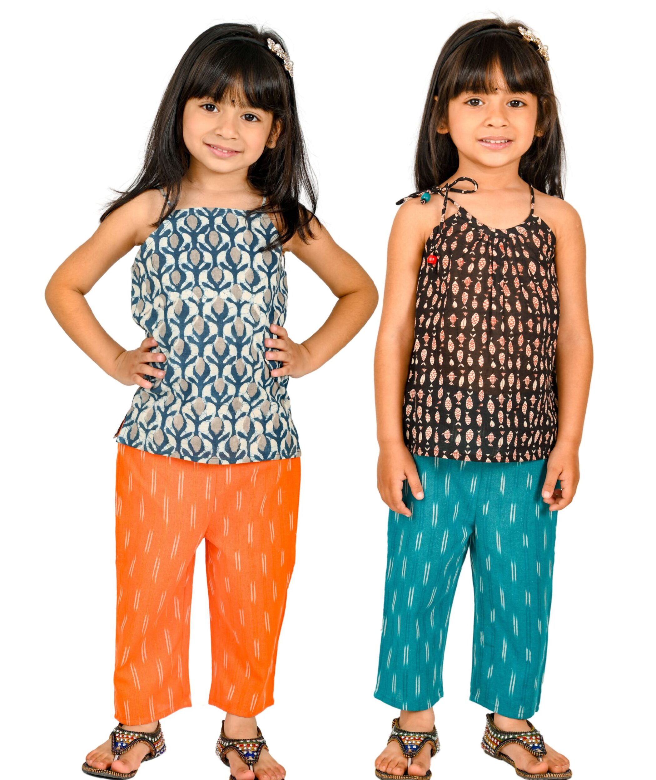 Baby Girls Cotton Clothes Top With Pant – Blue:Orange & Black:Blue Combo Set