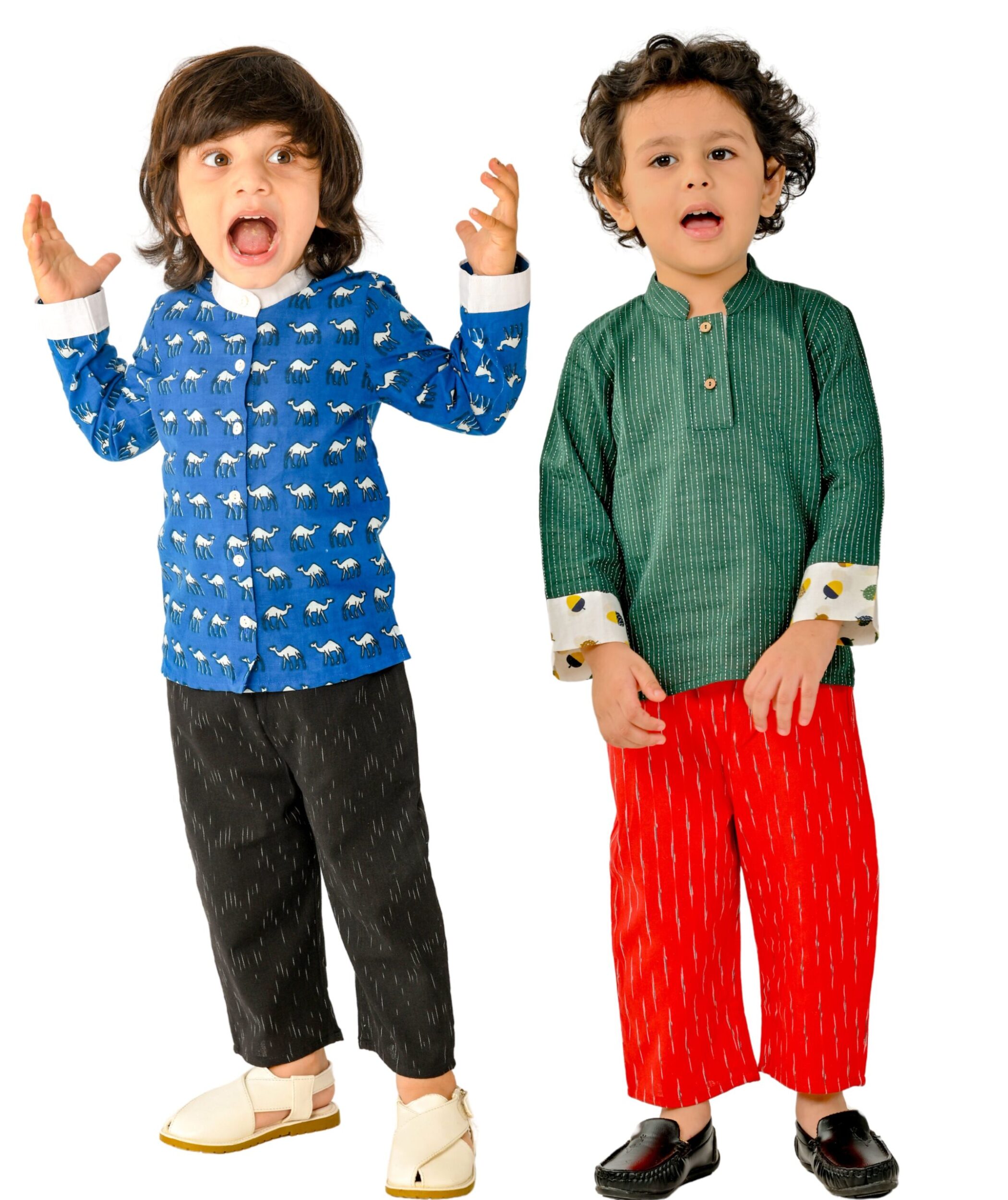 Baby Boys Cotton Shirt With Pant – Blue:Black & Green:Red Combo Set