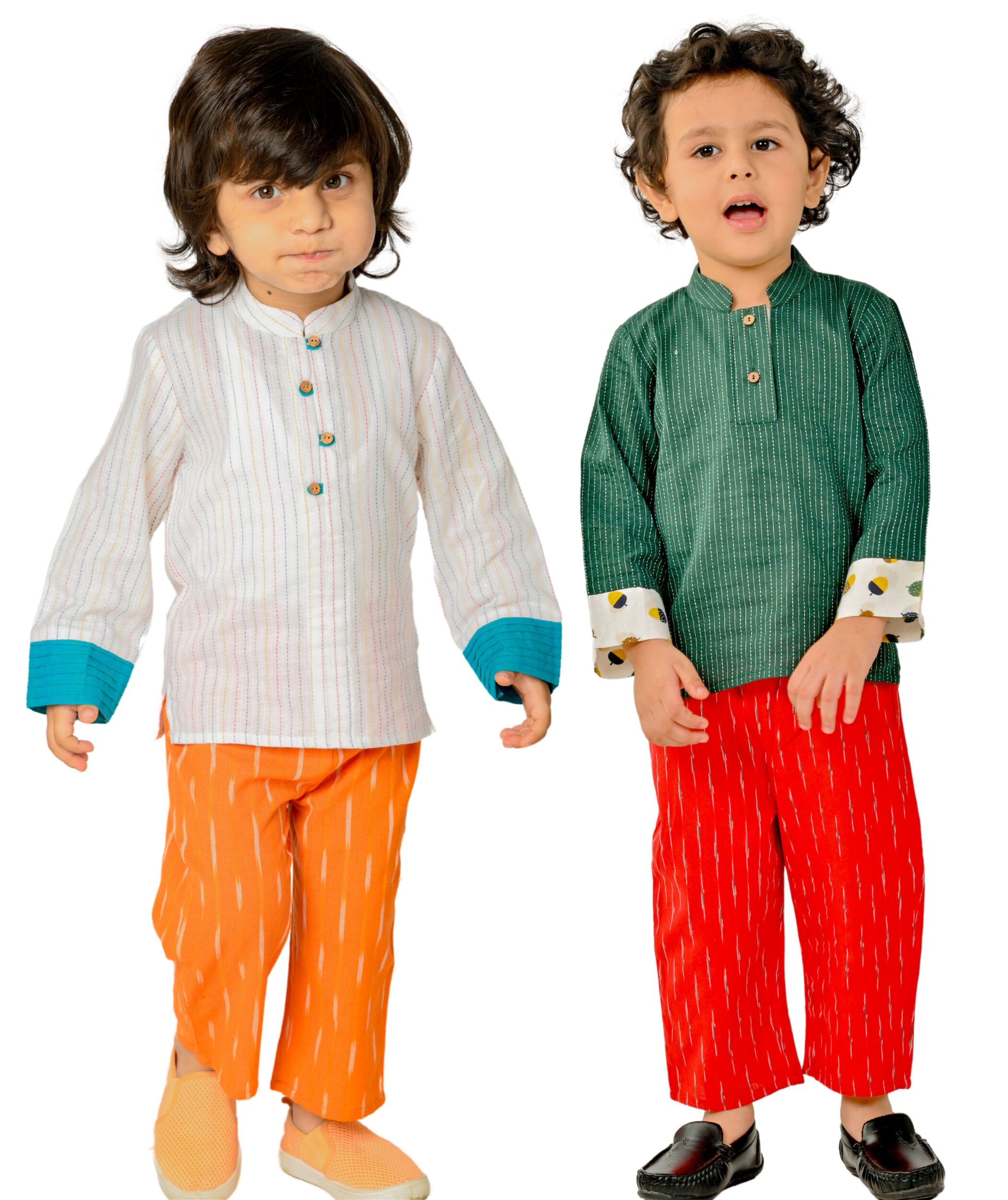 Baby Boys Cotton Shirt With Pant – White:Orange & Green:Red Combo Set