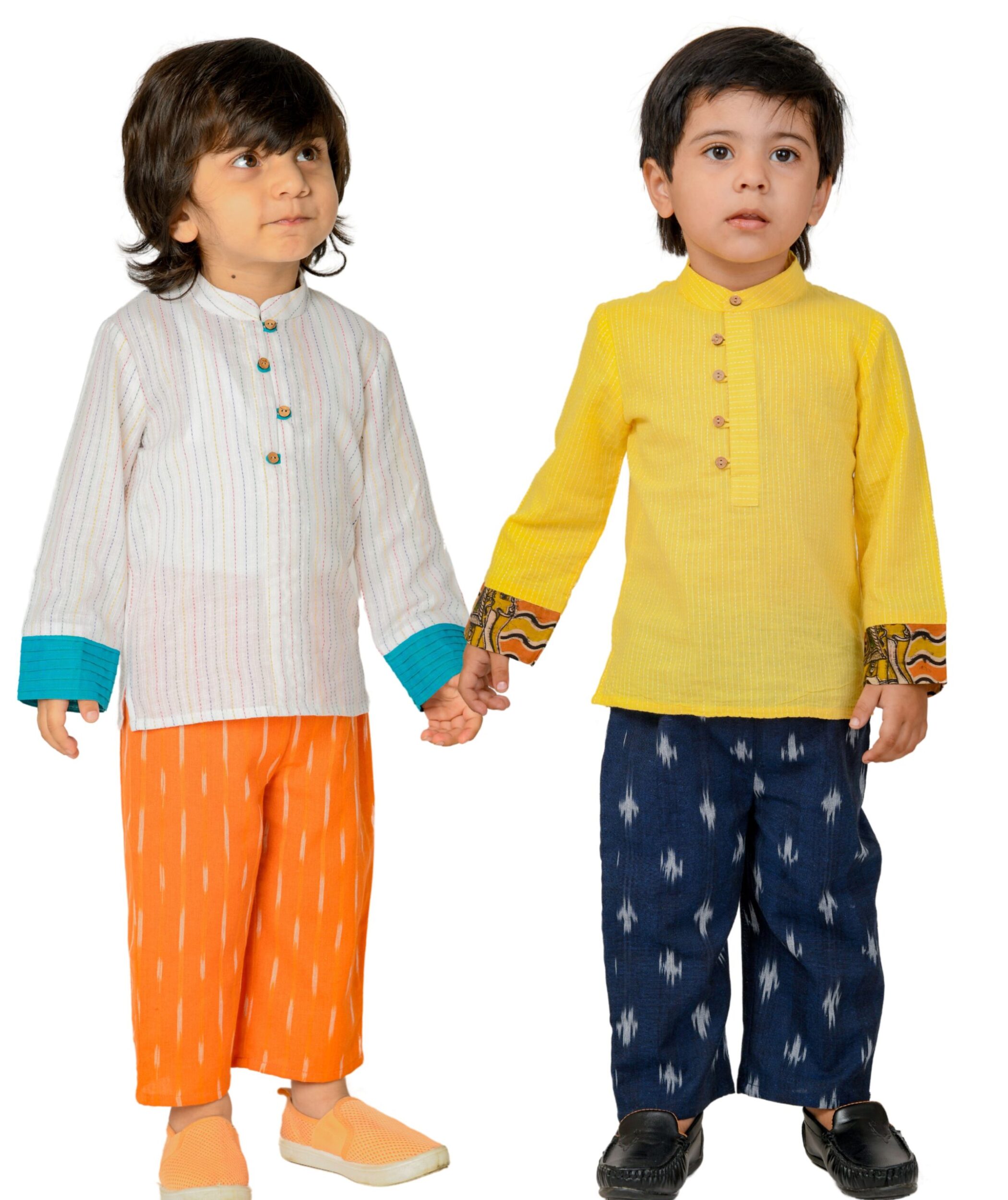 Baby Boys Cotton Shirt With Pant – White:Orange & Yellow:Blue Combo Set
