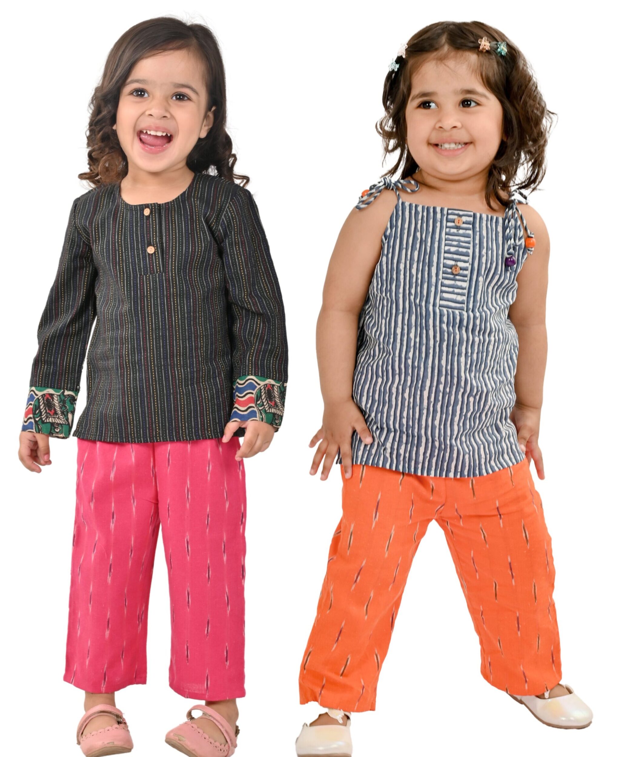 Baby Girls Cotton Clothes Top With Pant – Black:Pink & Grey:Orange Combo Set