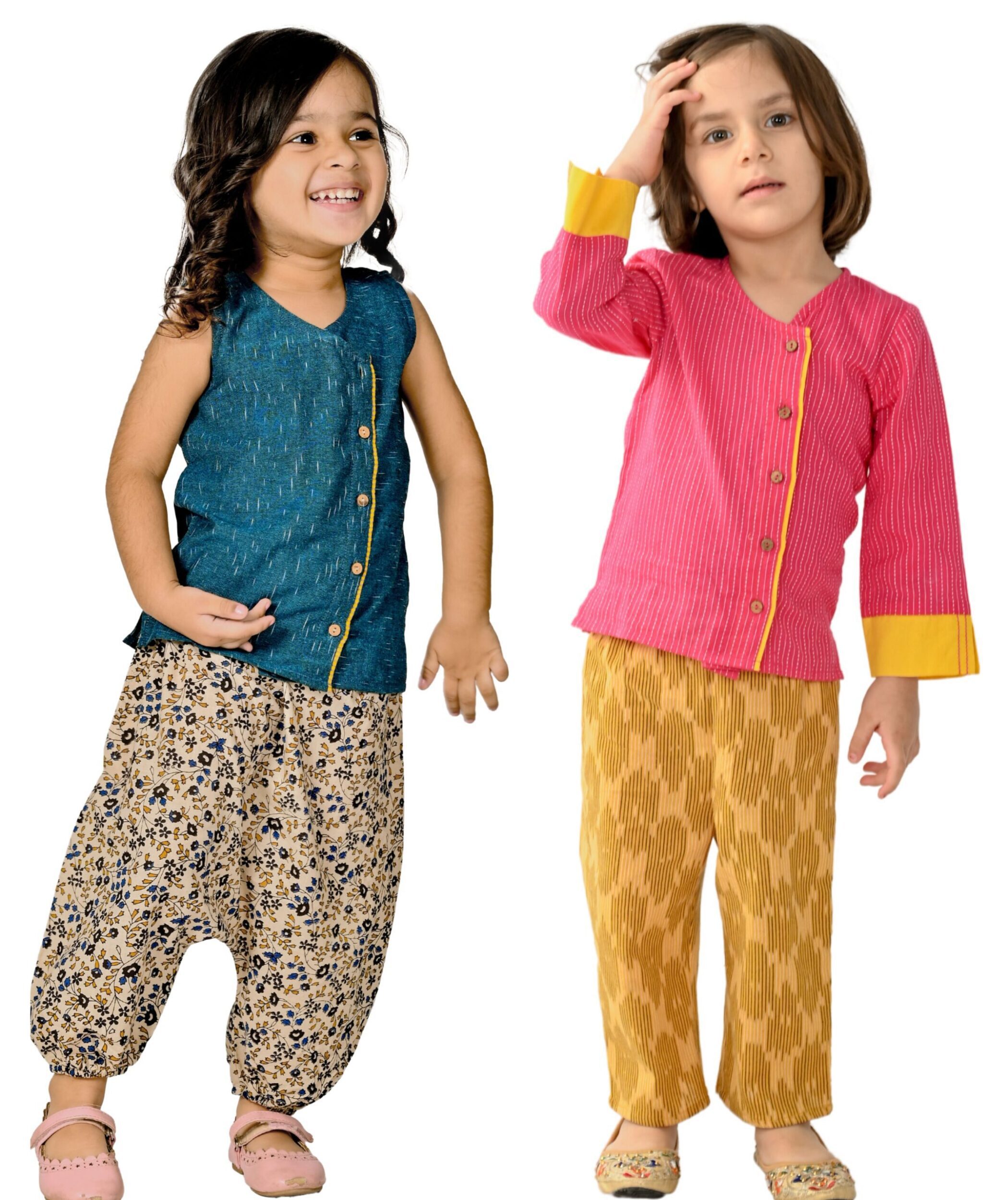 Baby Girls Cotton Clothes Top With Pant – Pink:Yellow & Blue:Beige Combo Set