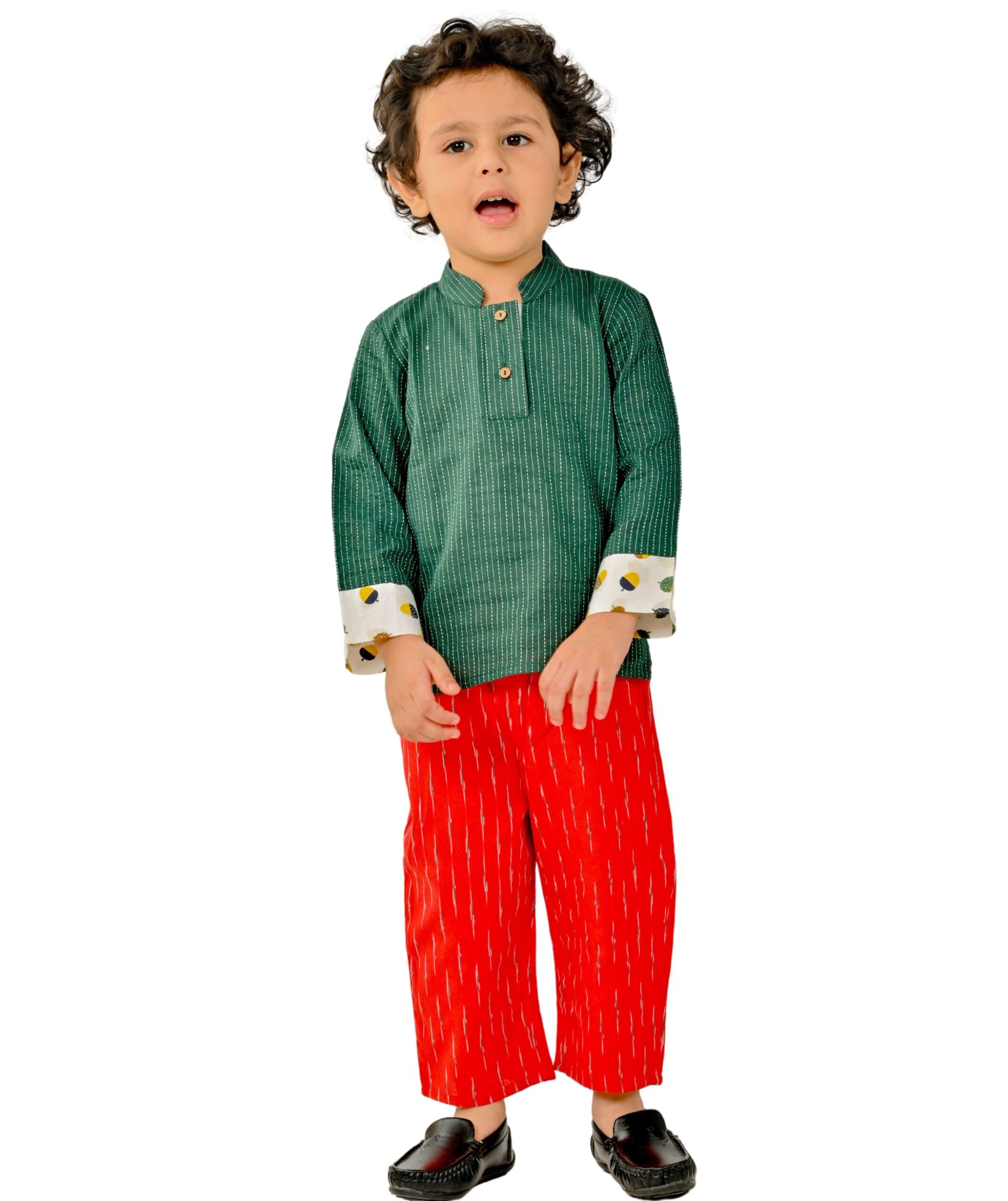 Baby Boys’ Cotton Clothes Full Sleeve Shirt & Pant Set – Green & Red 1 2 3 4
