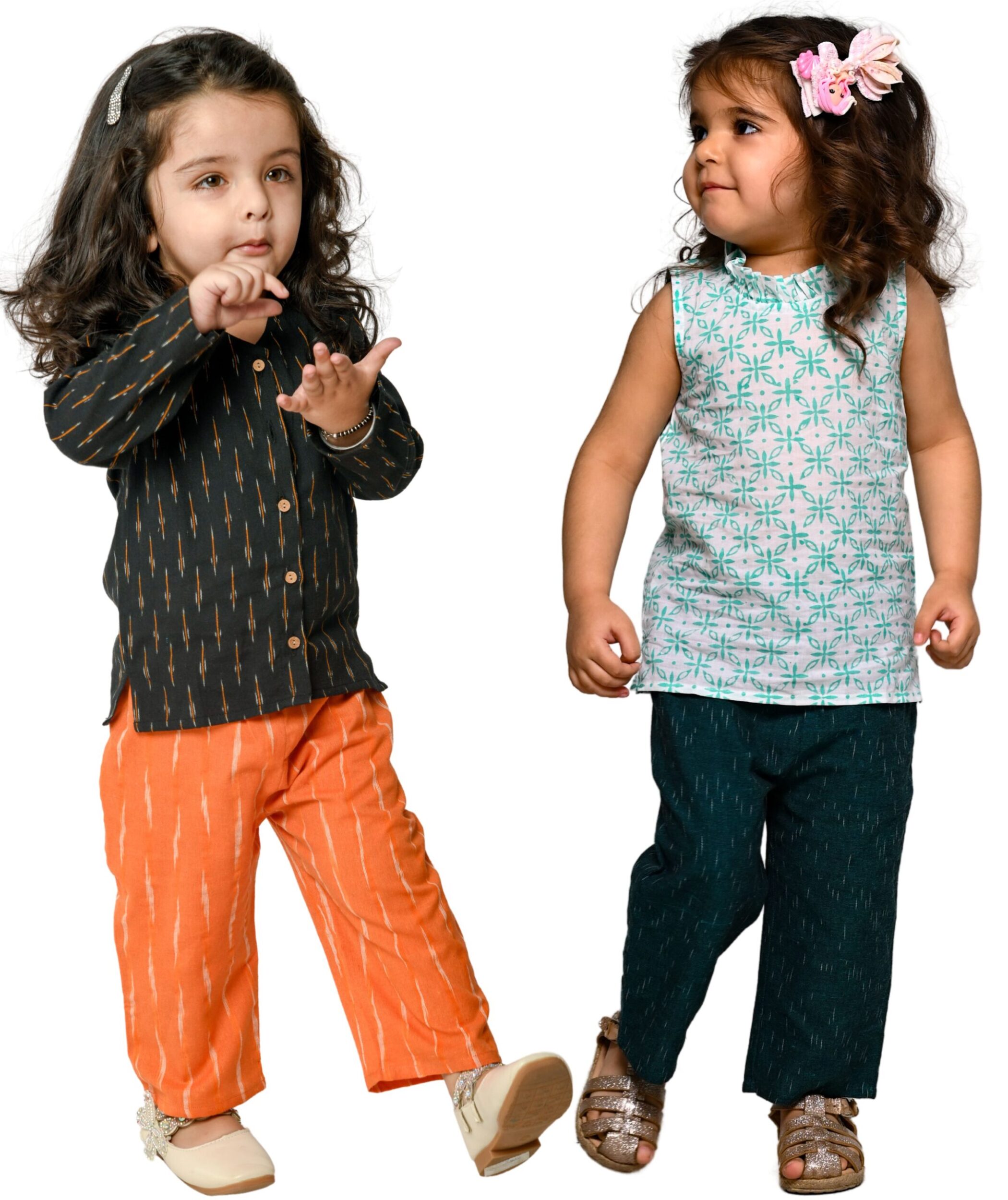 Baby Girls Cotton Clothes Top With Pant – Black:Orange & White:Green Combo Set