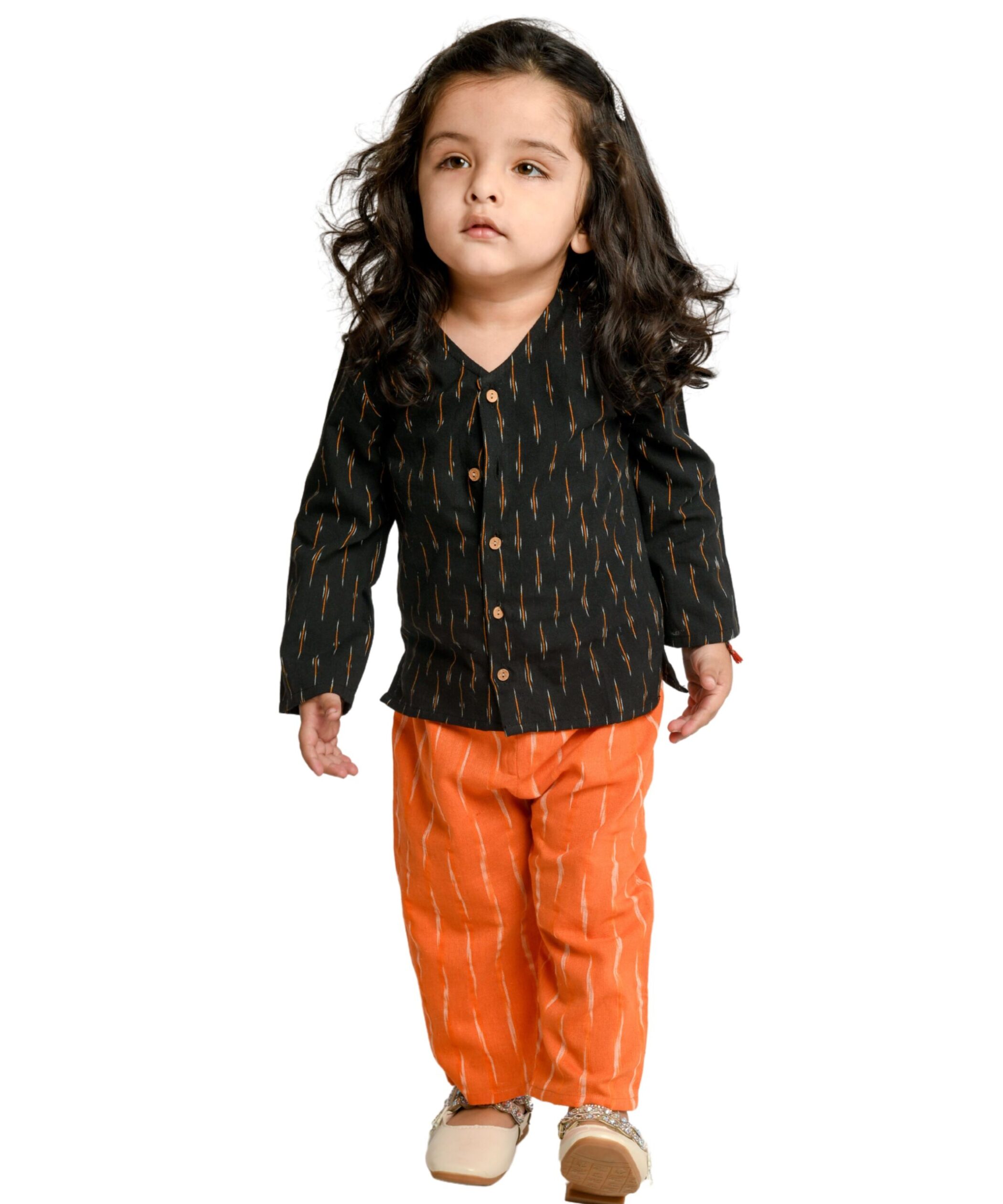 Baby Girls Dress Cotton Clothes Ikat Top & Pant Set – Black & Orange