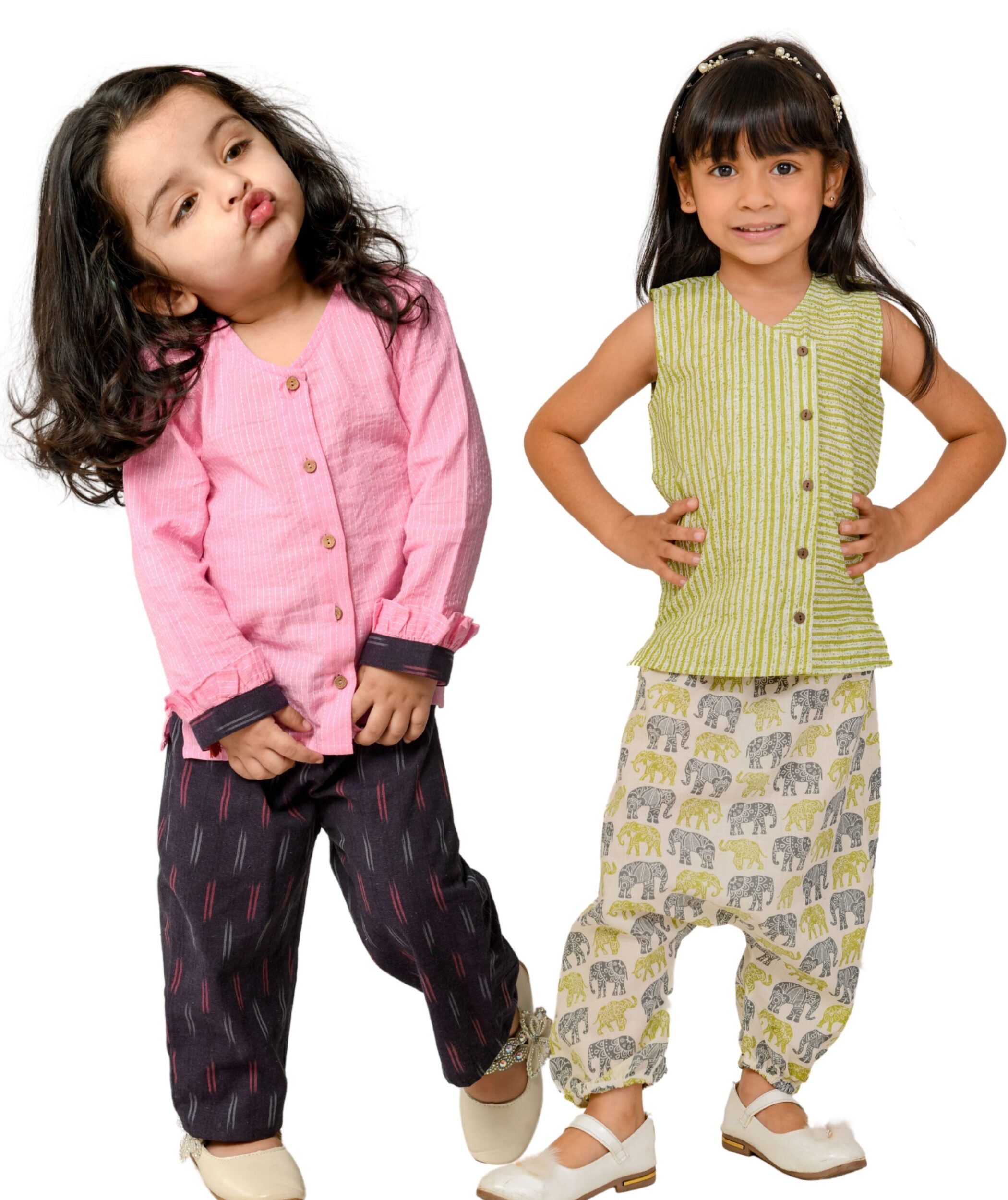 Baby Girls Cotton Clothes Top With Pant – Pink:Purple & White:Green Combo Set