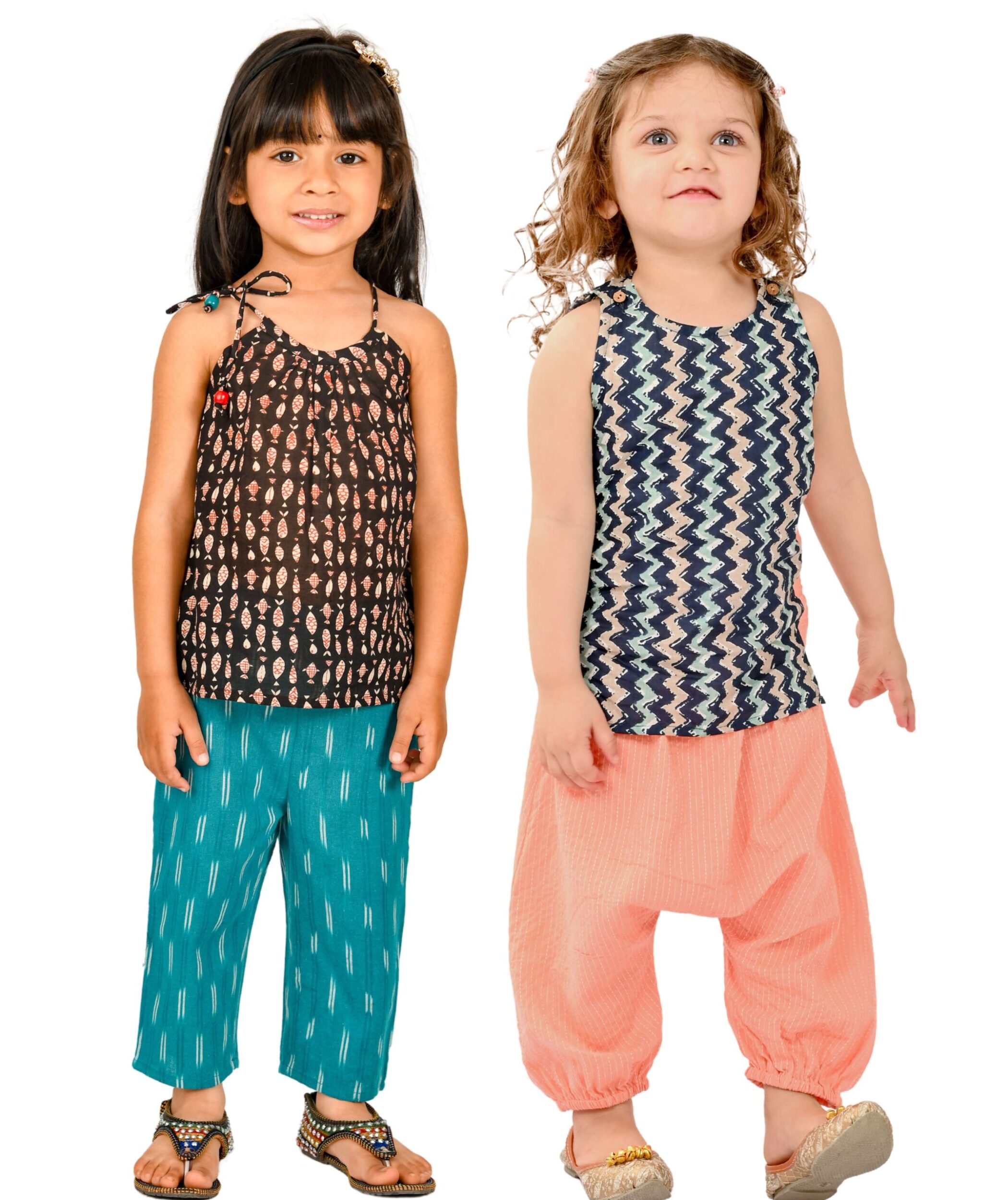 Baby Girls Cotton Clothes Top With Pant – Black:Blue & Blue:Peach Combo Set