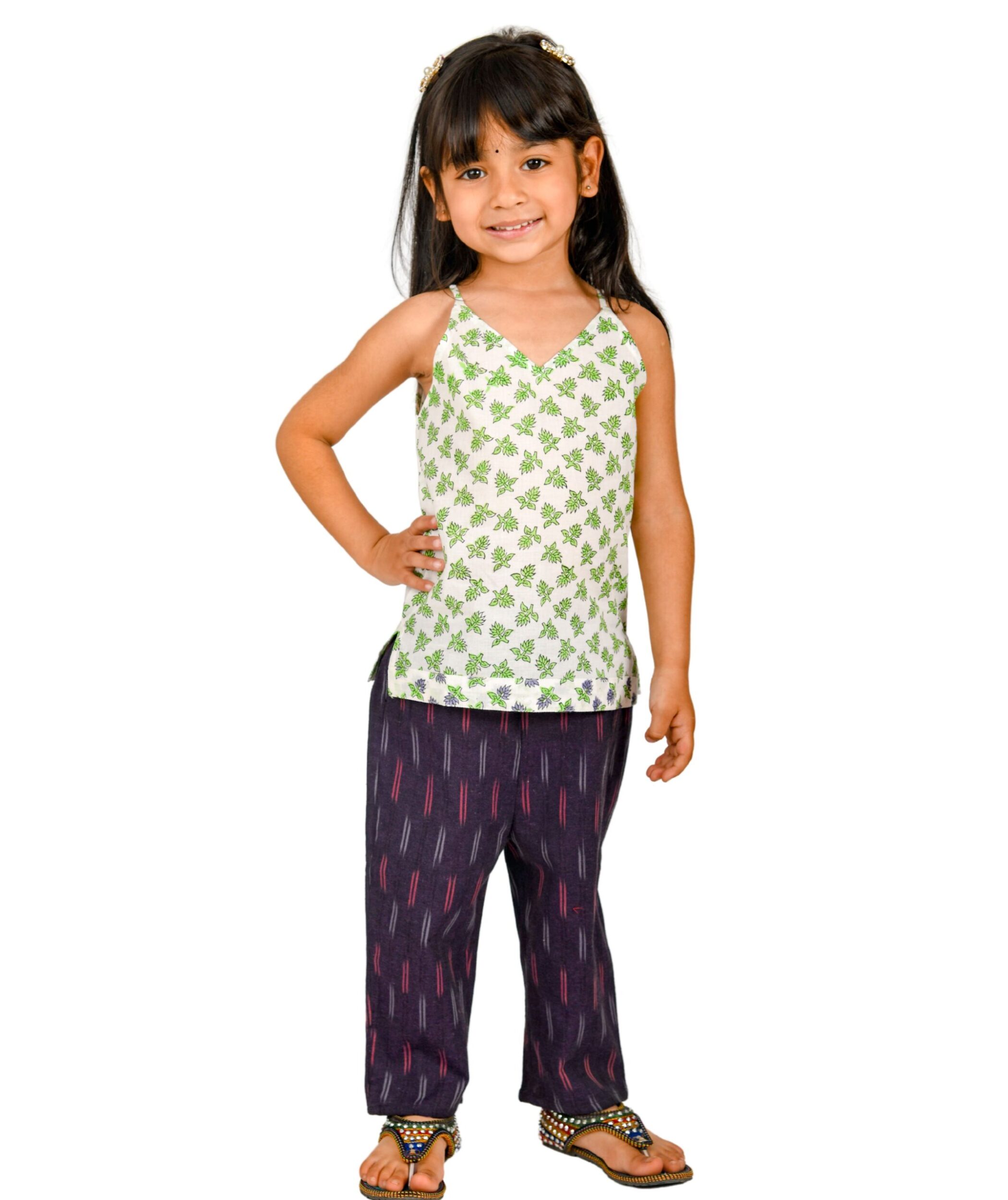 Baby Girls Cotton Top With Pant – Green & Purple Clothing Set