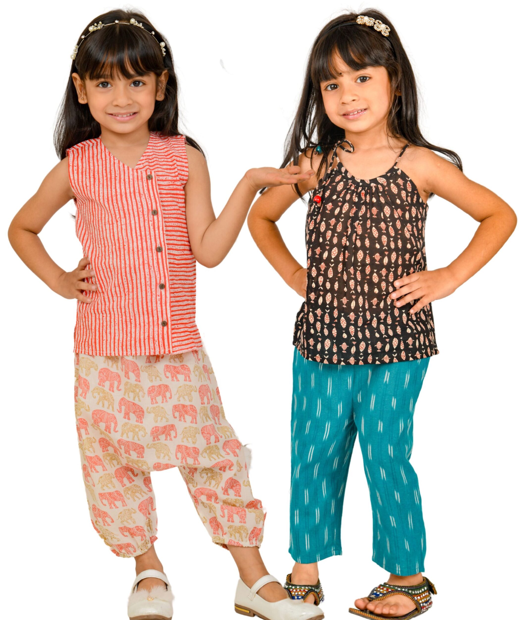 Baby Girls Cotton Clothes Top With Pant – White:Red & Black:Blue Combo Set