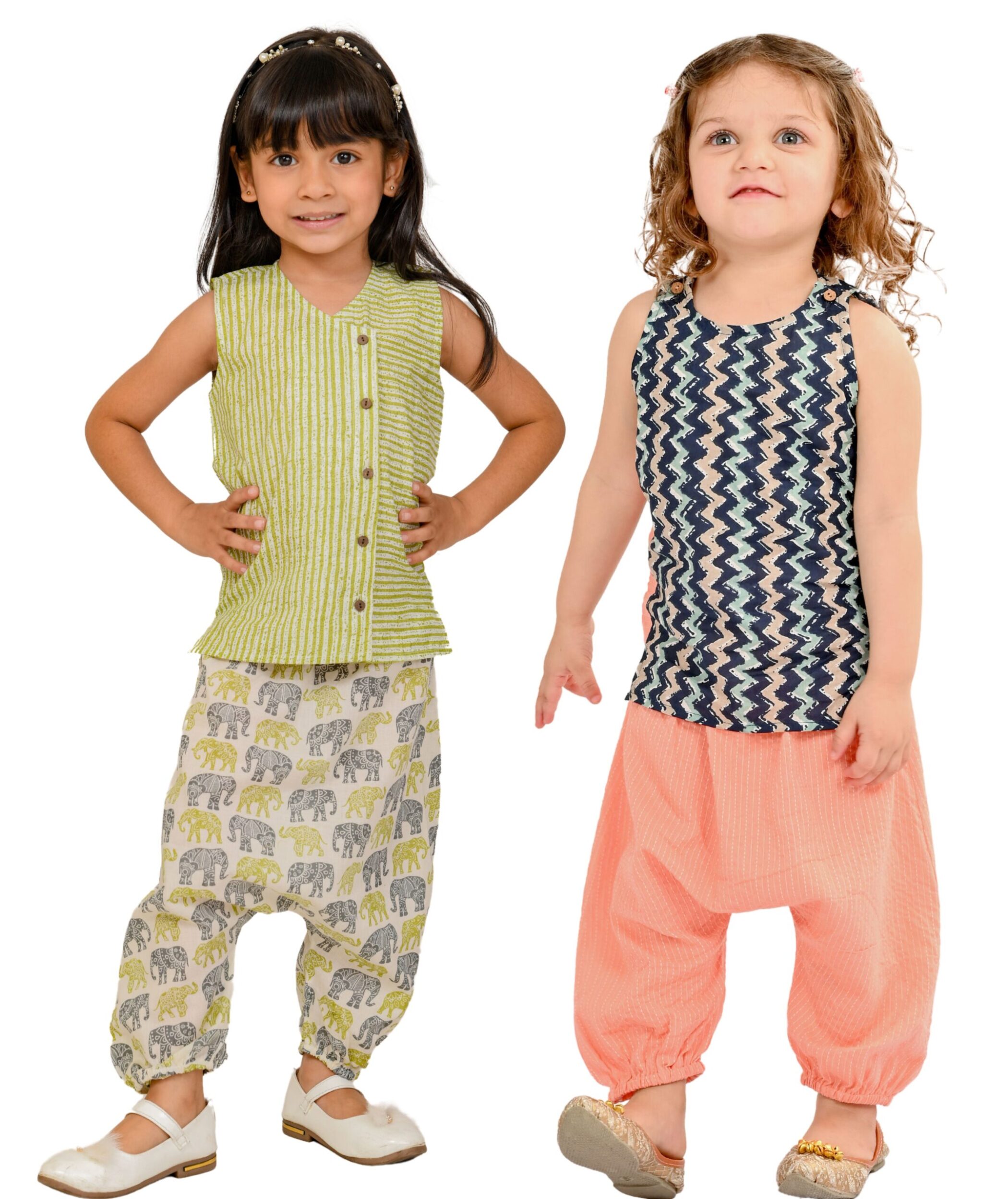 Baby Girls Cotton Clothes Top With Pant – White:Green & Blue:Peach Combo Set