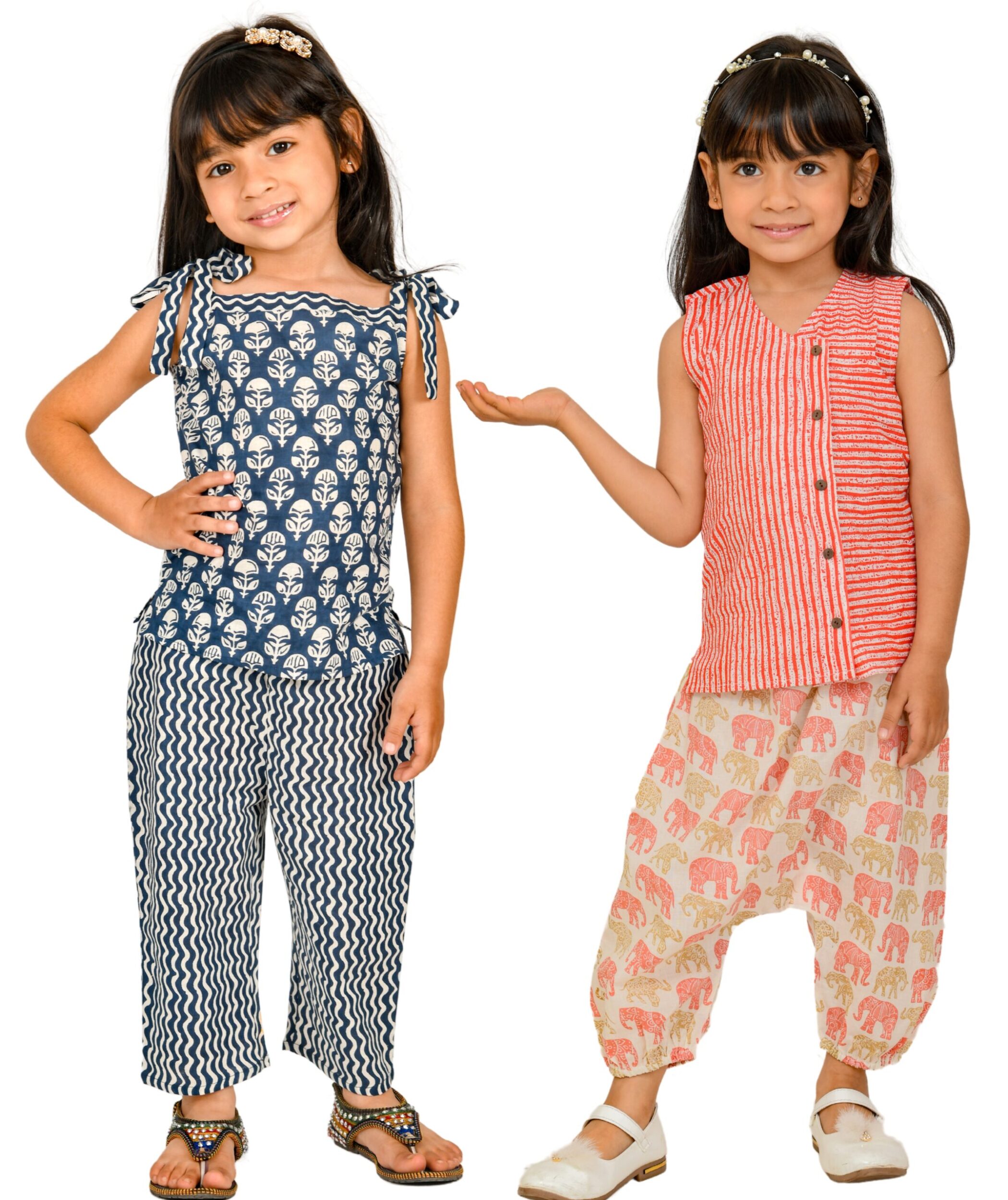 Baby Girls Cotton Clothes Top With Pant – White:Blue & White:Red Combo Set