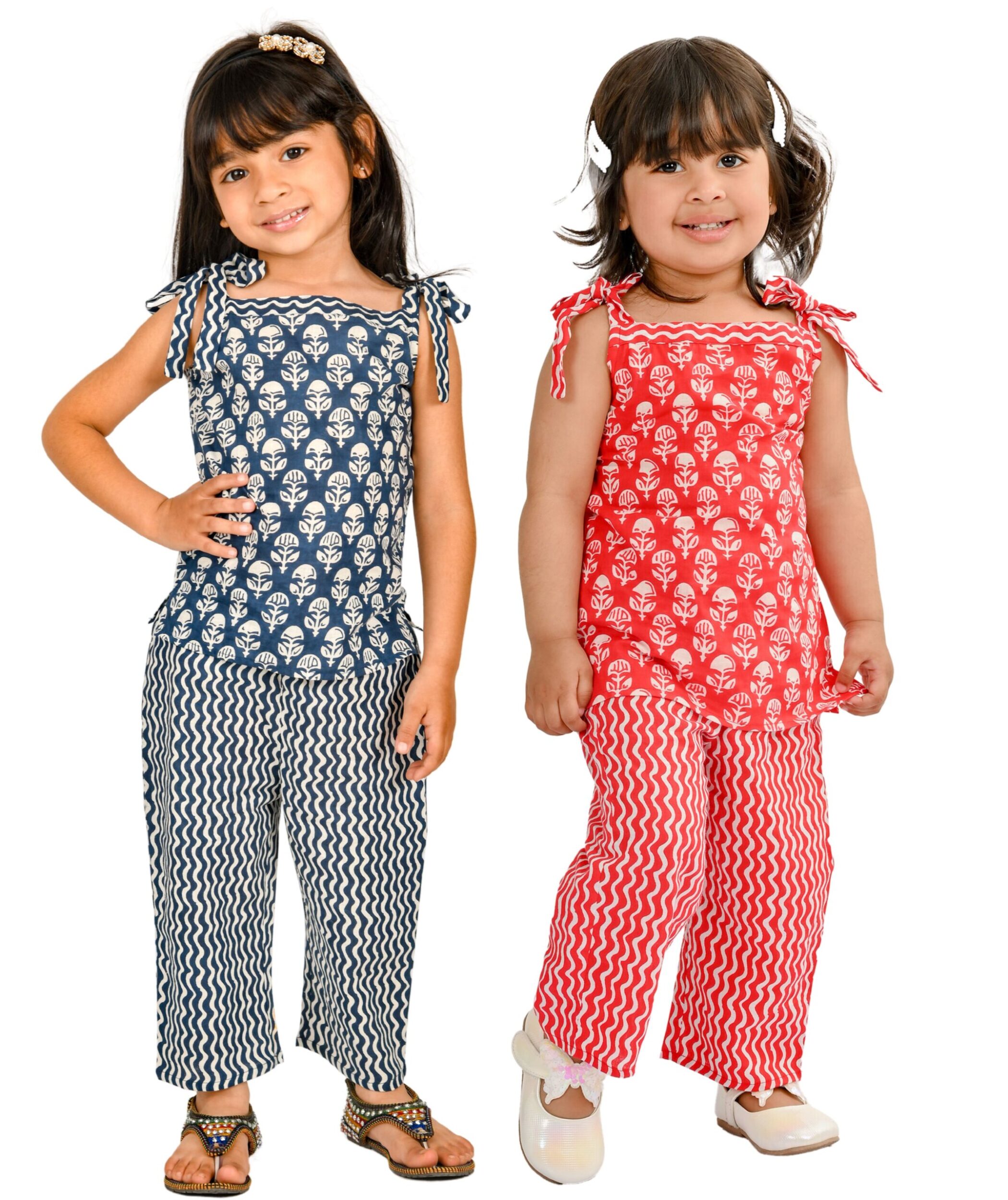 Baby Girls Dresses Cotton Clothes Top & Pant Set Combo Pack – White:Blue & White:Red
