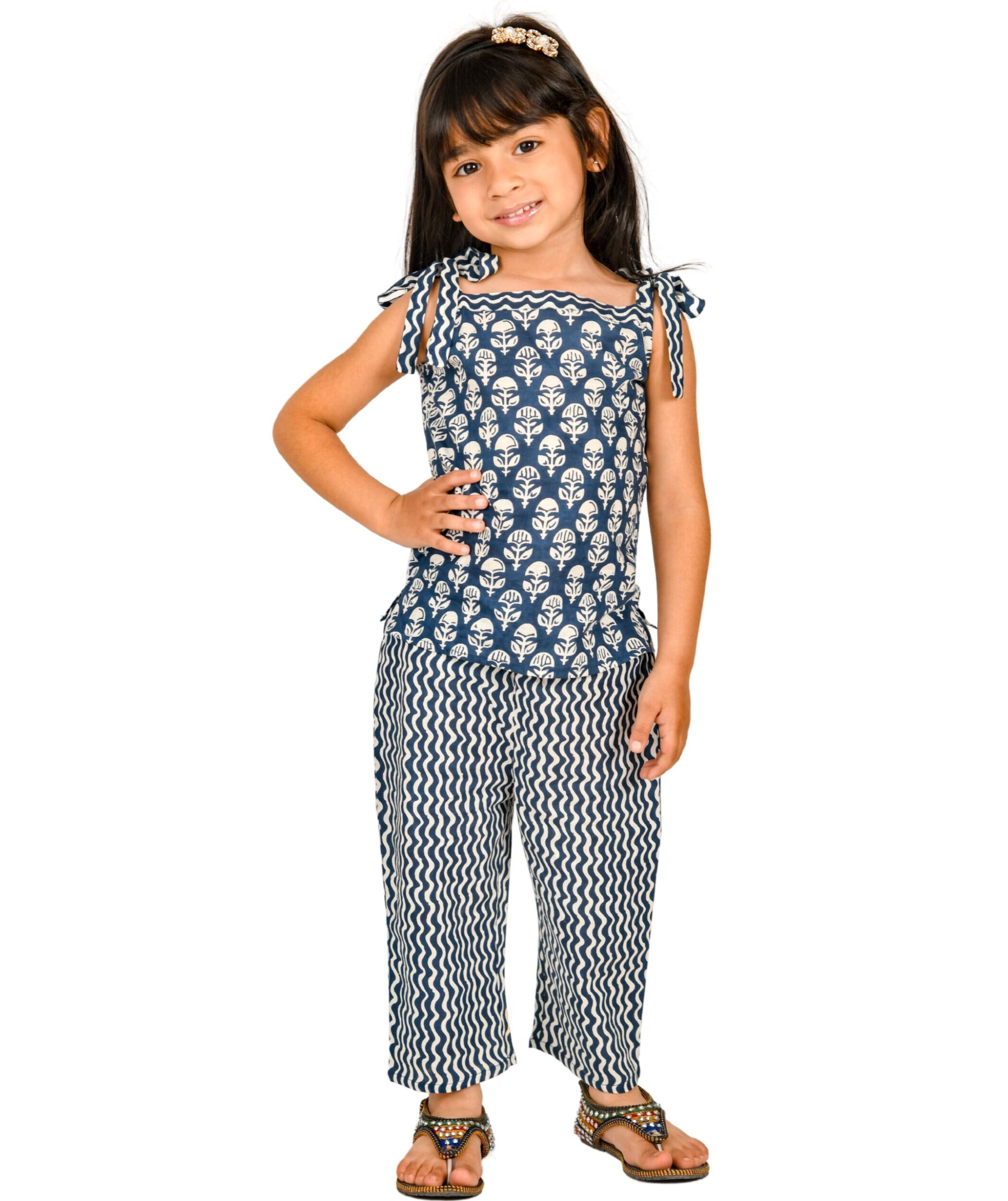Baby Girls Cotton Top With Pant – White & Blue Clothing Set