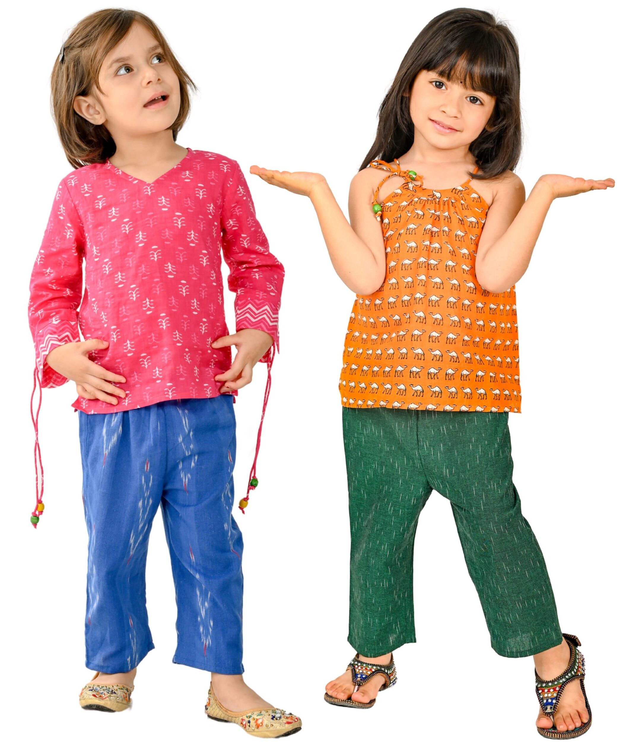 Baby Girls Cotton Clothes Top With Pant – Pink:Blue & Orange:Green Combo Set