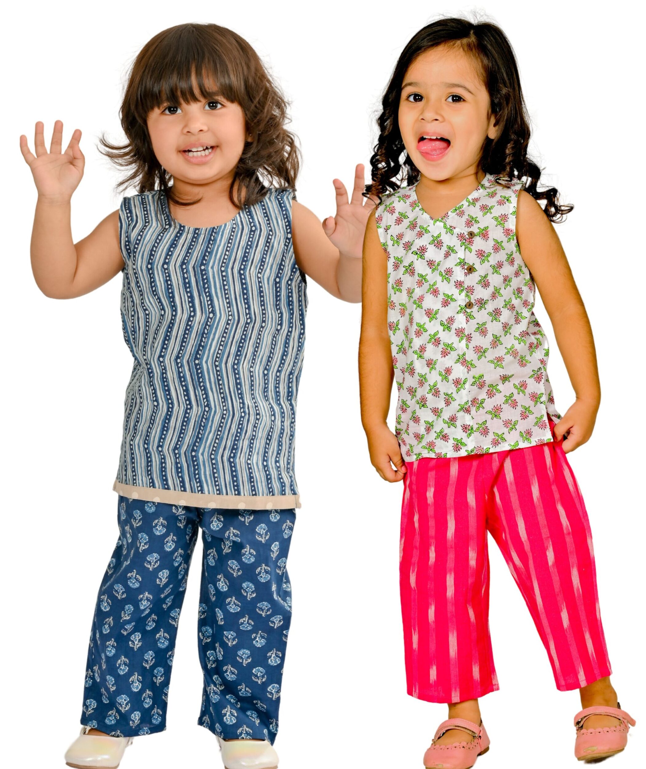 Baby Girls Cotton Clothes Top With Pant – Blue & White:Pink Combo Set