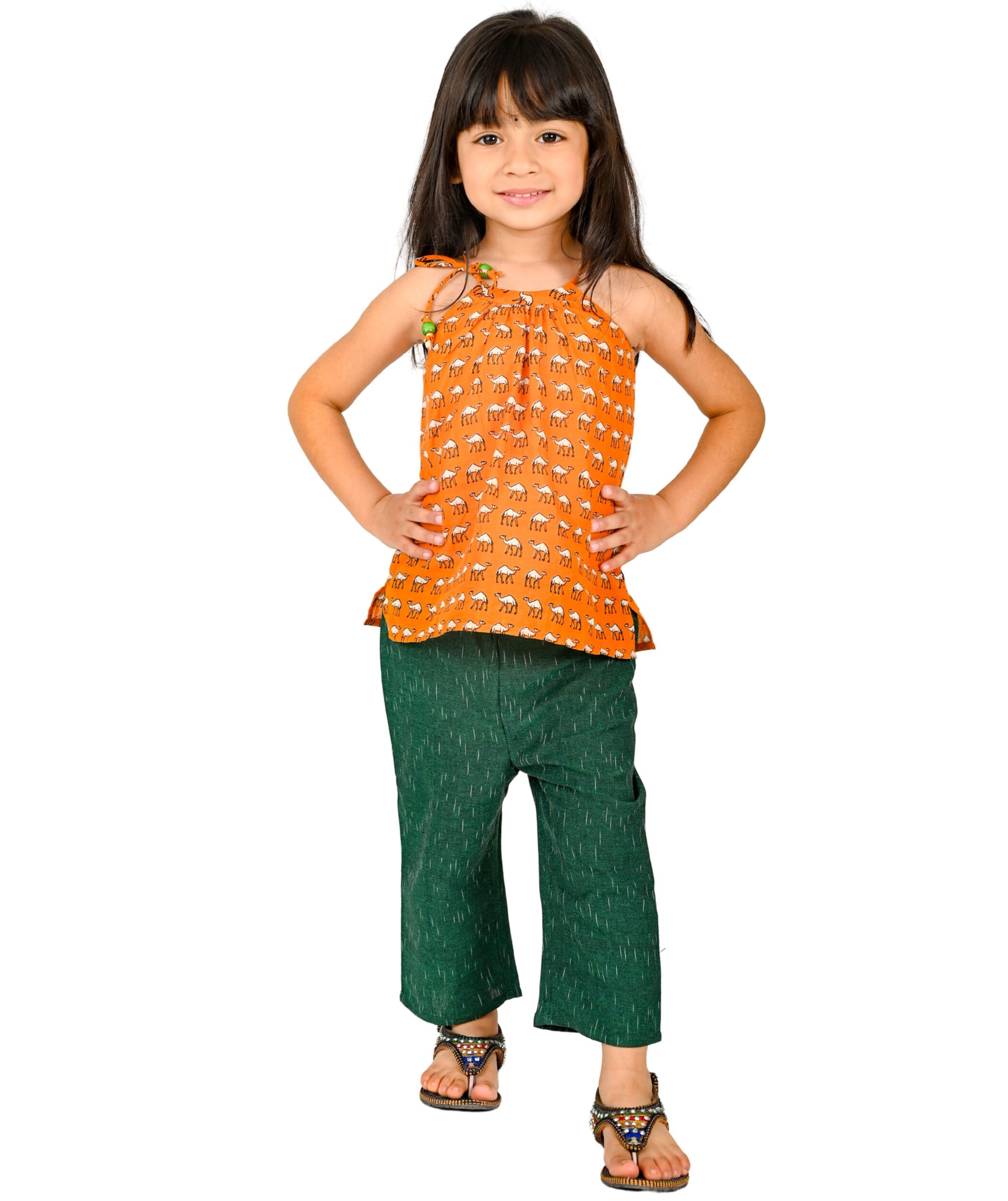 Baby Girls Cotton Top With Pant - Orange & Green Clothing Set