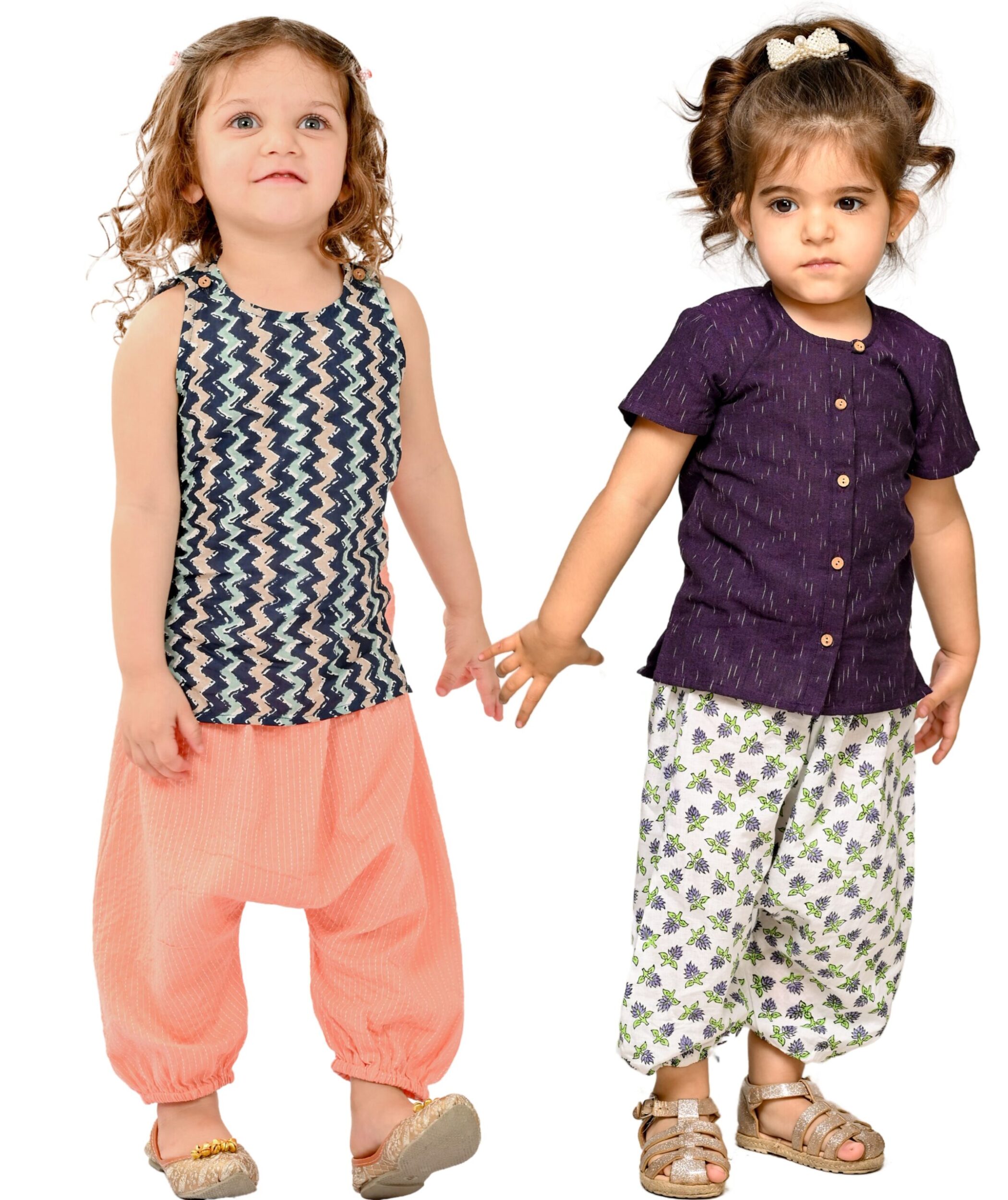 Baby Girls Cotton Clothes Top With Pant – Blue:Peach & Purple:White Combo Set