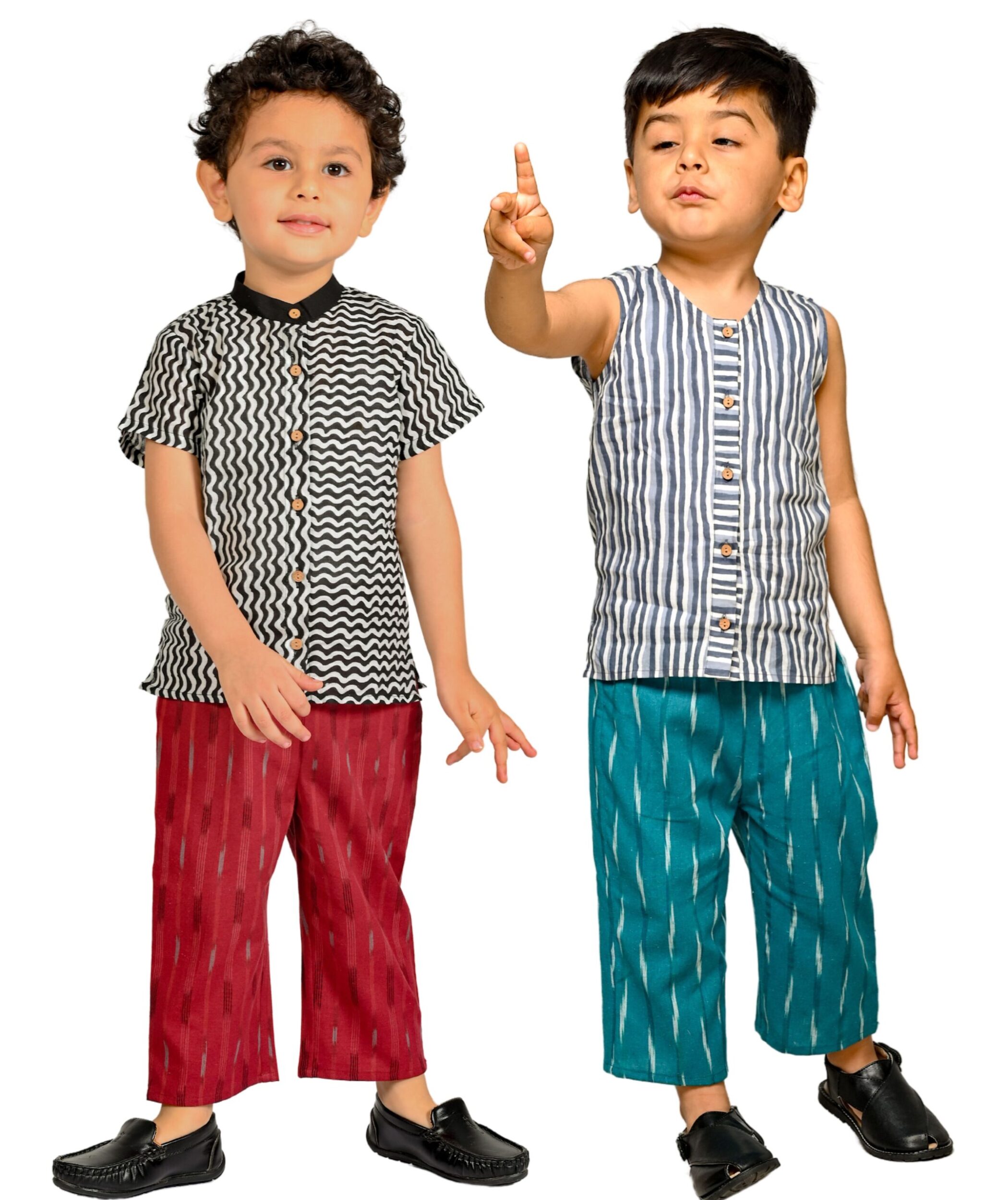 Baby Boys Cotton Shirt With Pant – Black:Maroon & Grey:Green Combo Set