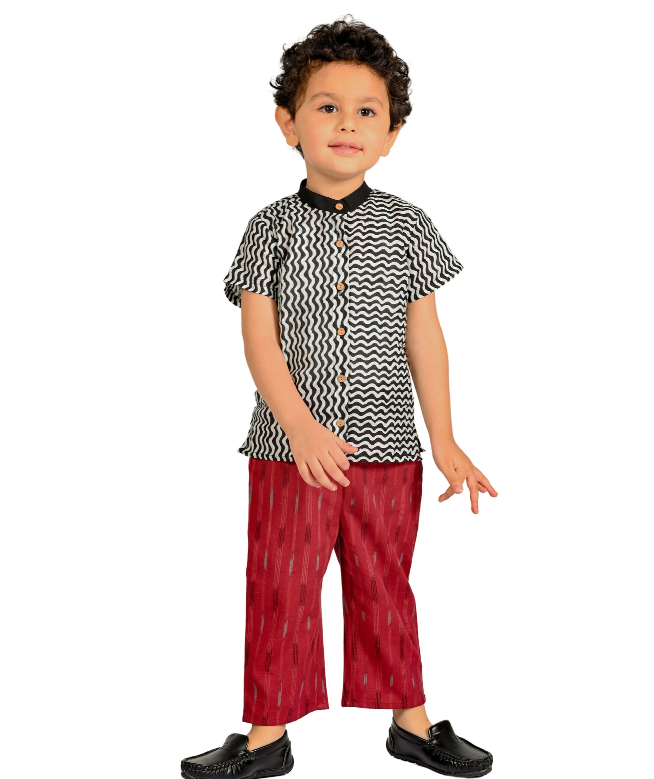 Baby Boys Cotton Shirt With Pant – Black & Maroon Clothing Set