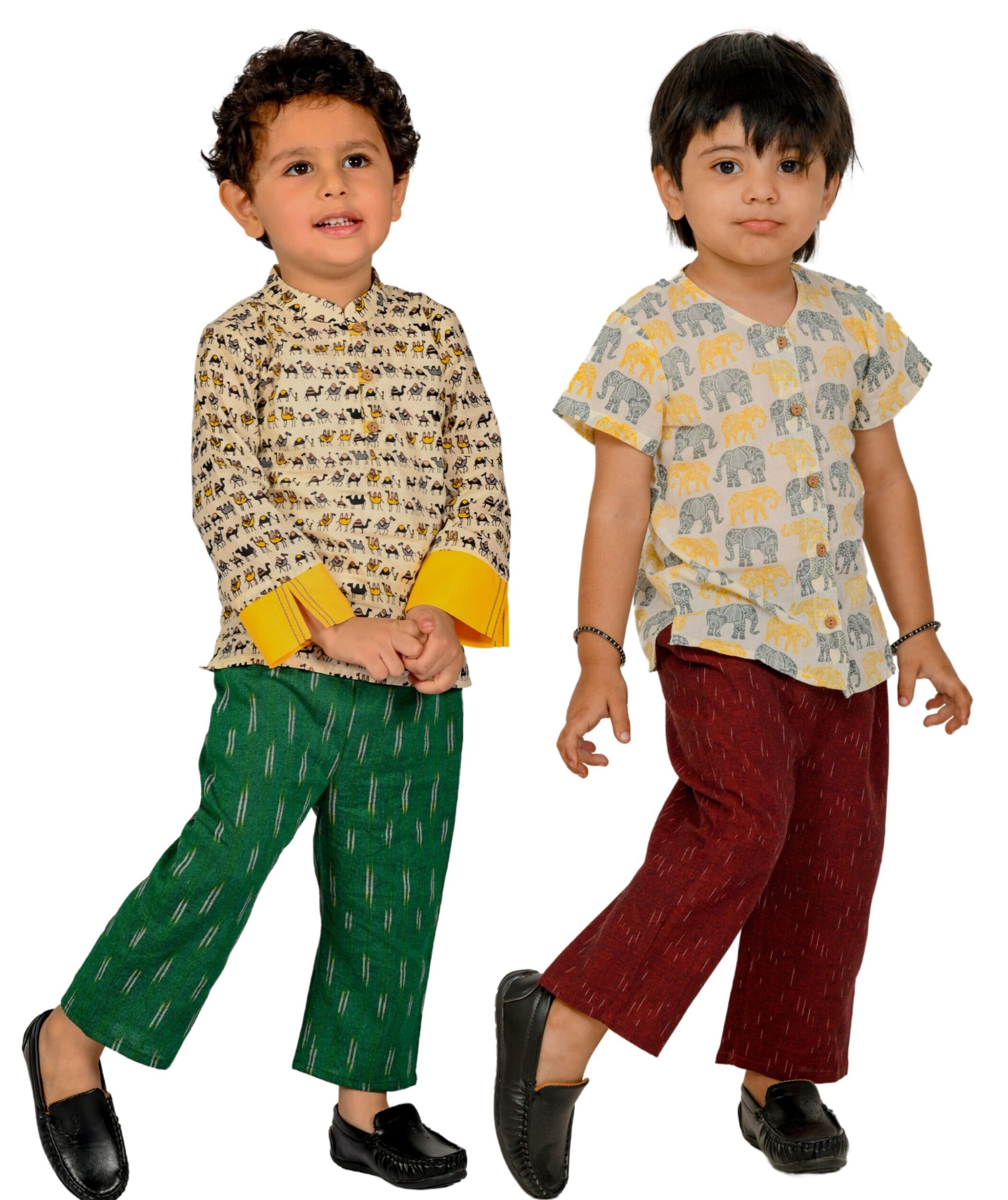 Baby Boys Cotton Shirt With Pant – White:Maroon & Beige:Green Combo Set