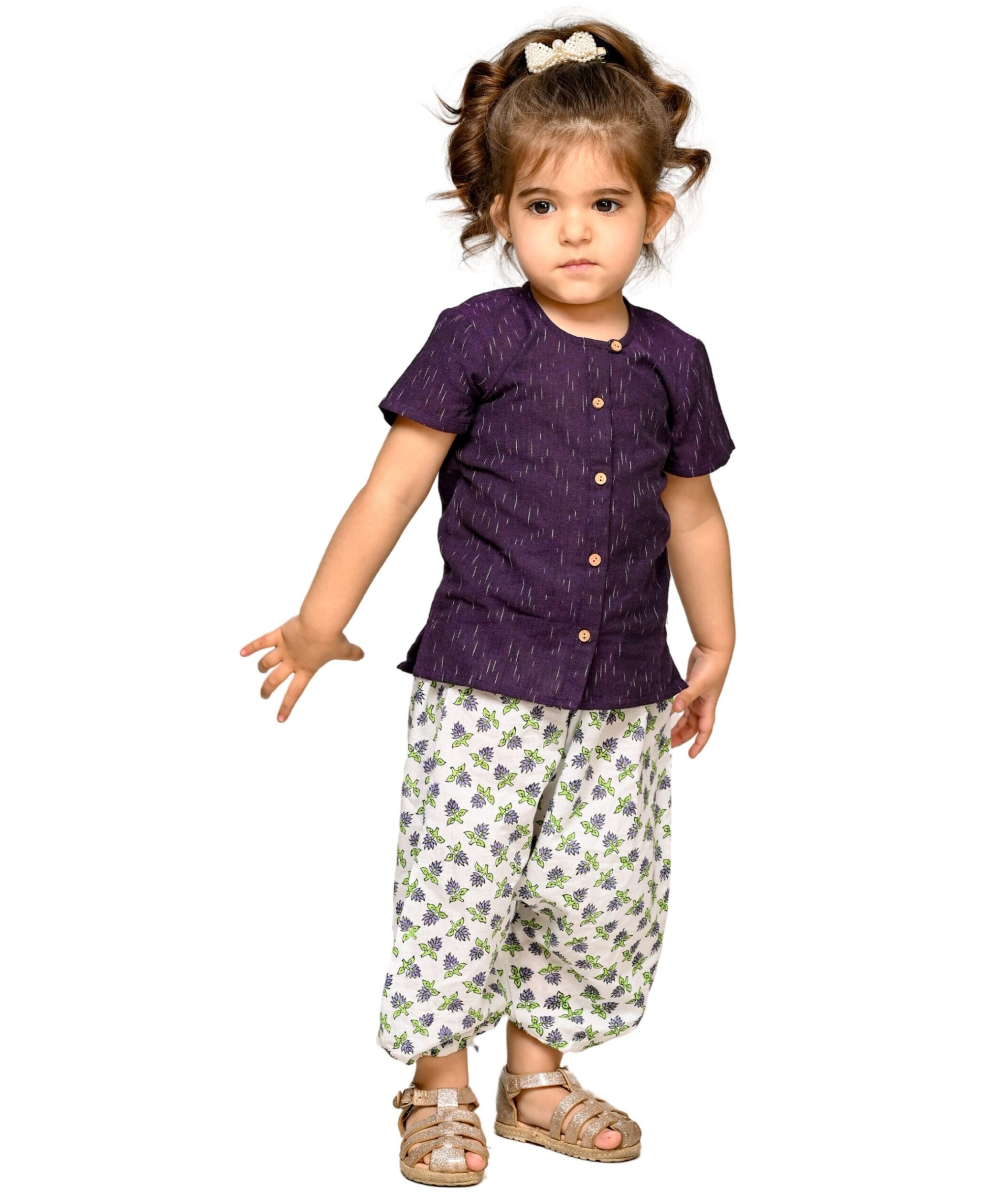 Baby Girls Cotton Top With Pant – Purple & White Clothing Set