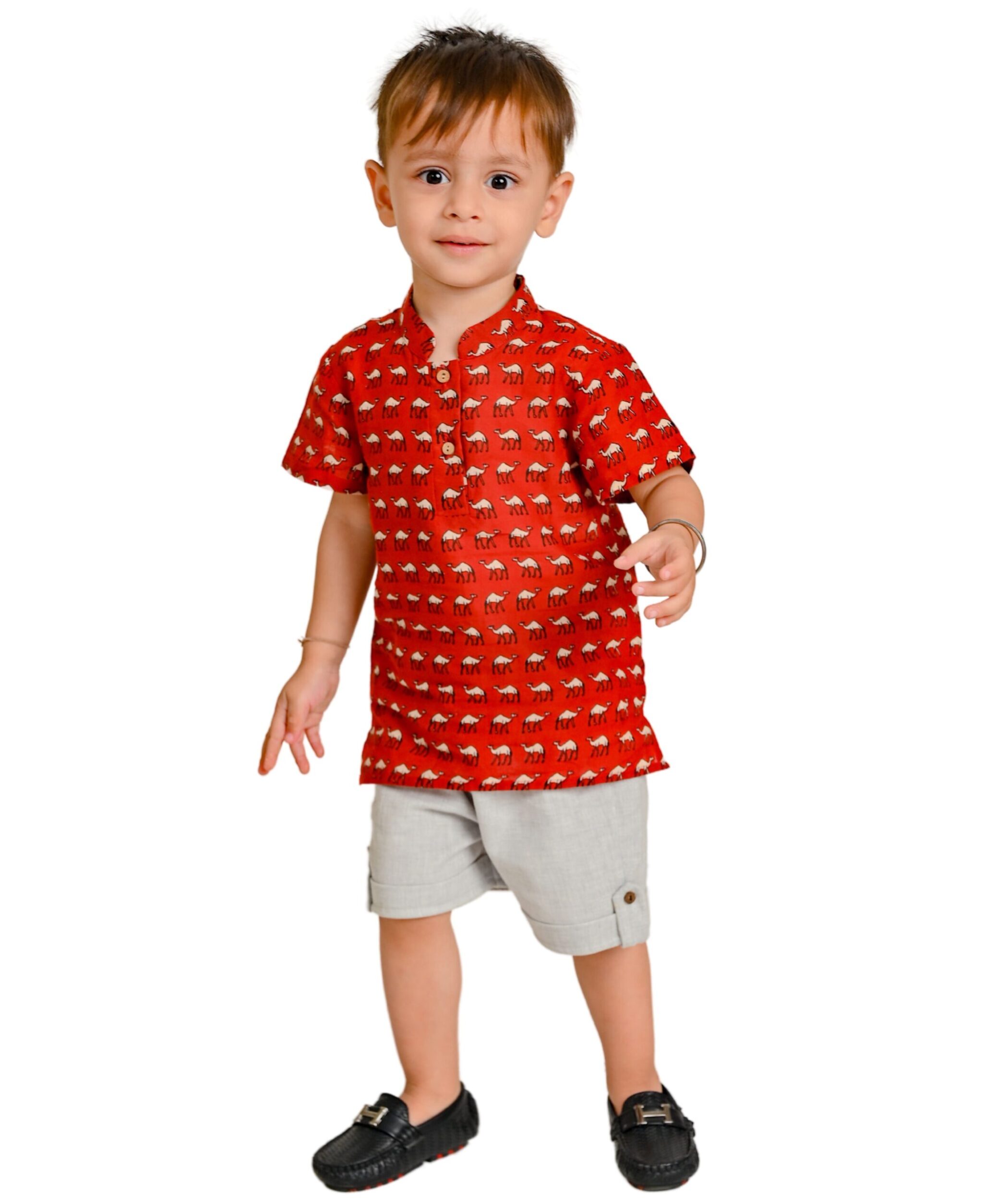 Baby Boys Cotton Shirt With Shorts – Red & Grey Clothing Set