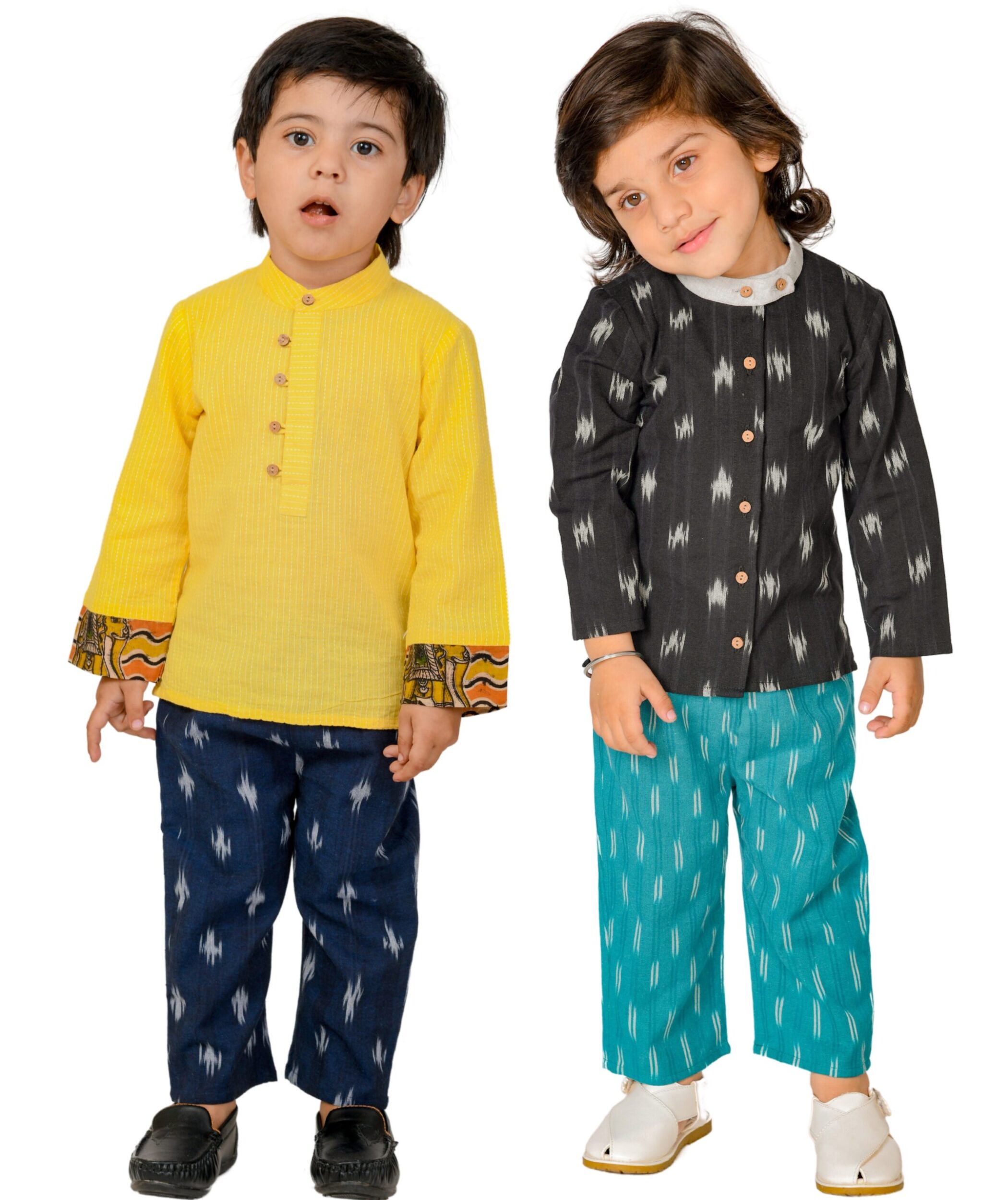 Baby Boys Cotton Shirt With Pant – Yellow:Blue & Black:Blue Combo Set