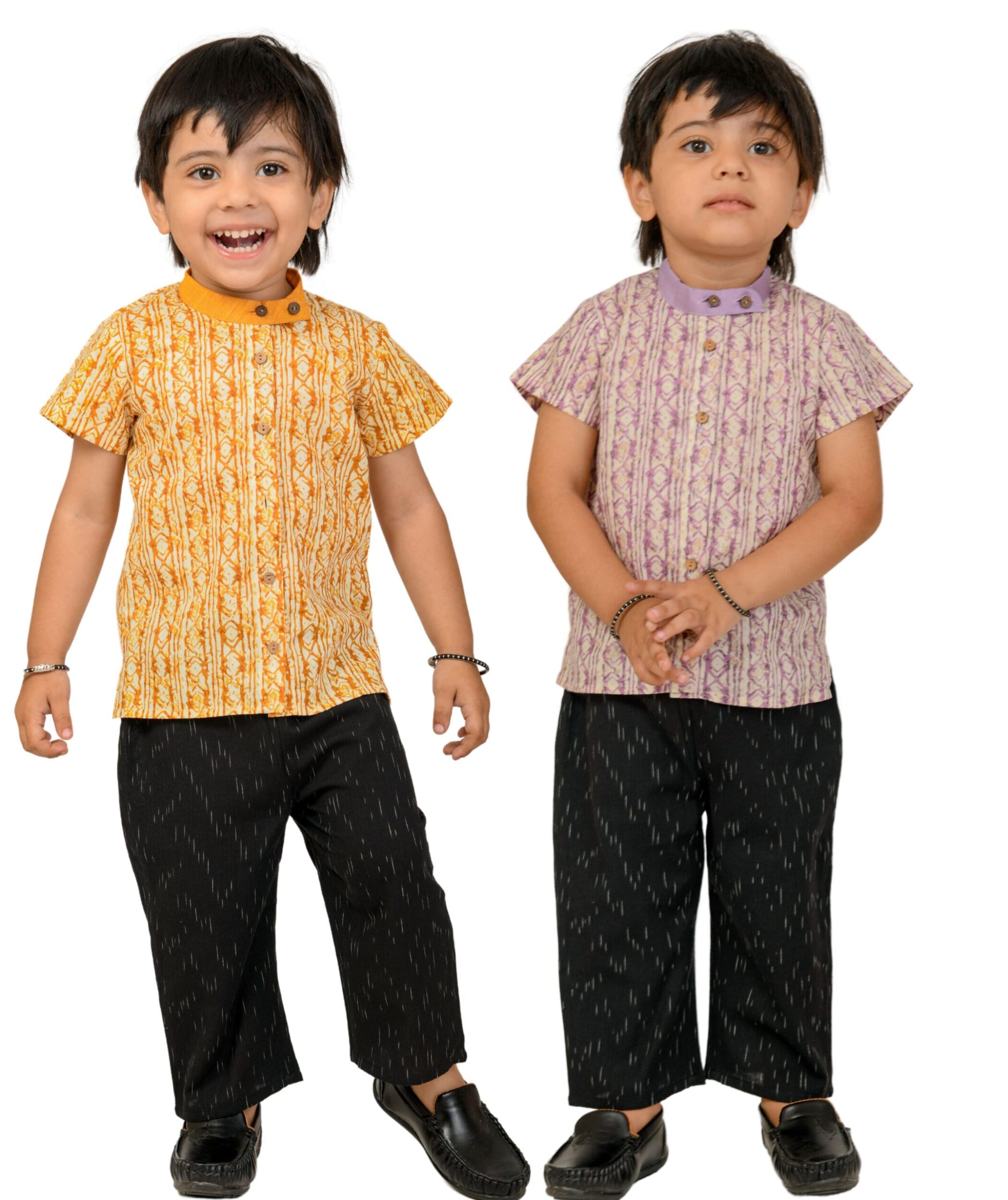Baby Boys Cotton Shirt With Pant – Yellow:Black & Purple:Black Combo Set