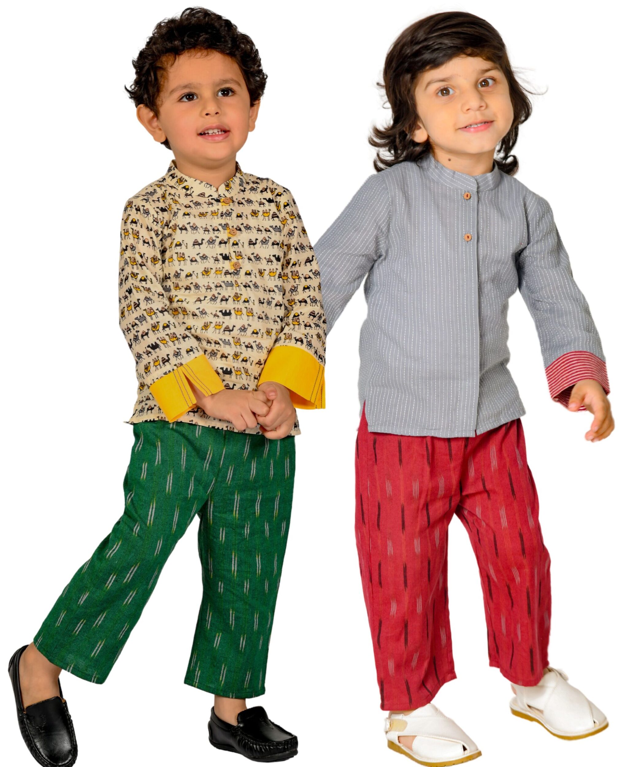 Baby Boys Cotton Shirt With Pant – Beige:Green & Grey:Maroon Combo Set