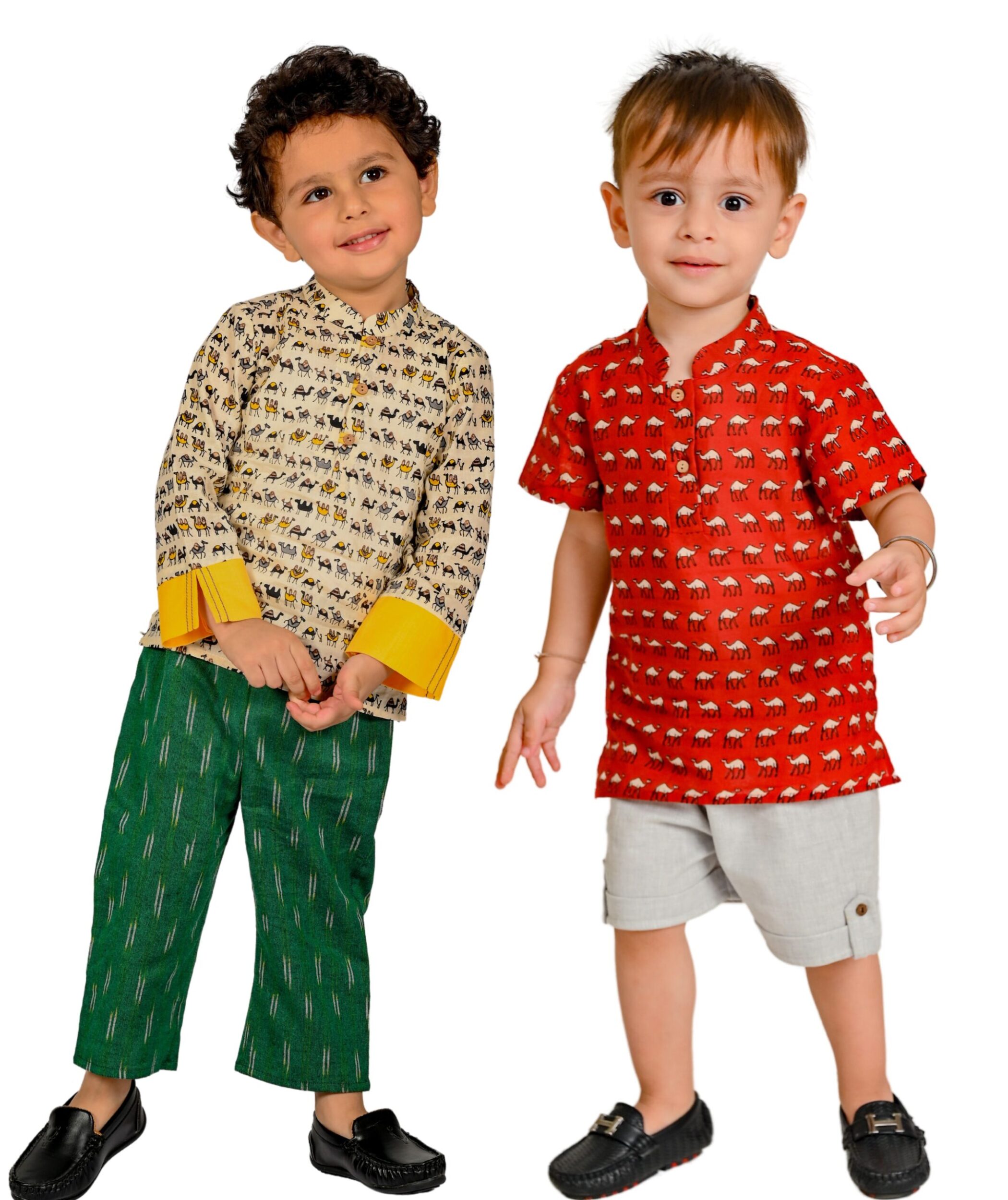 Baby Boys Cotton Shirt With Pant – Beige:Green & Red:Grey Combo Set