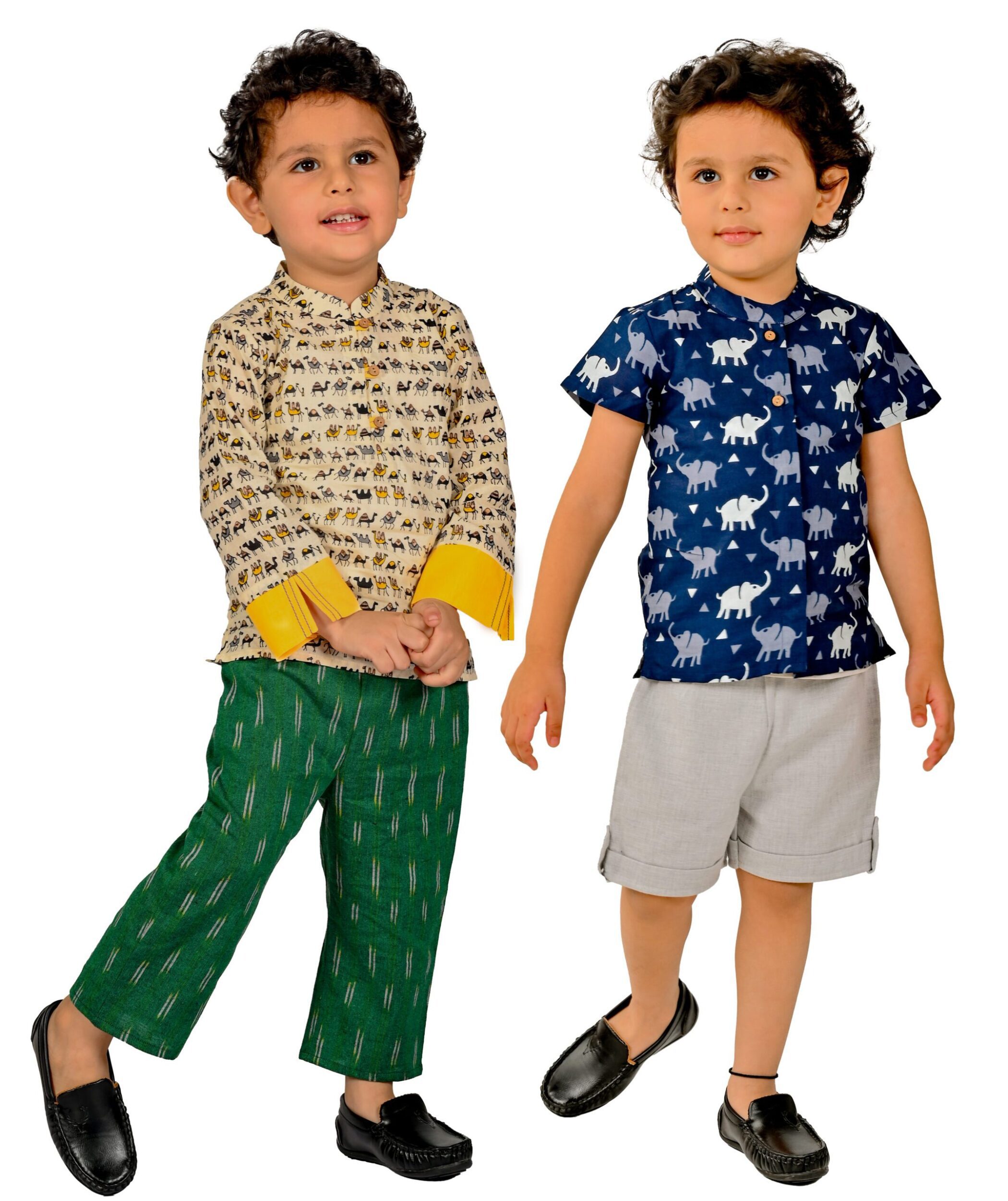 Baby Boys Cotton Shirt With Pant – Beige:Green & Blue:Grey Combo Set