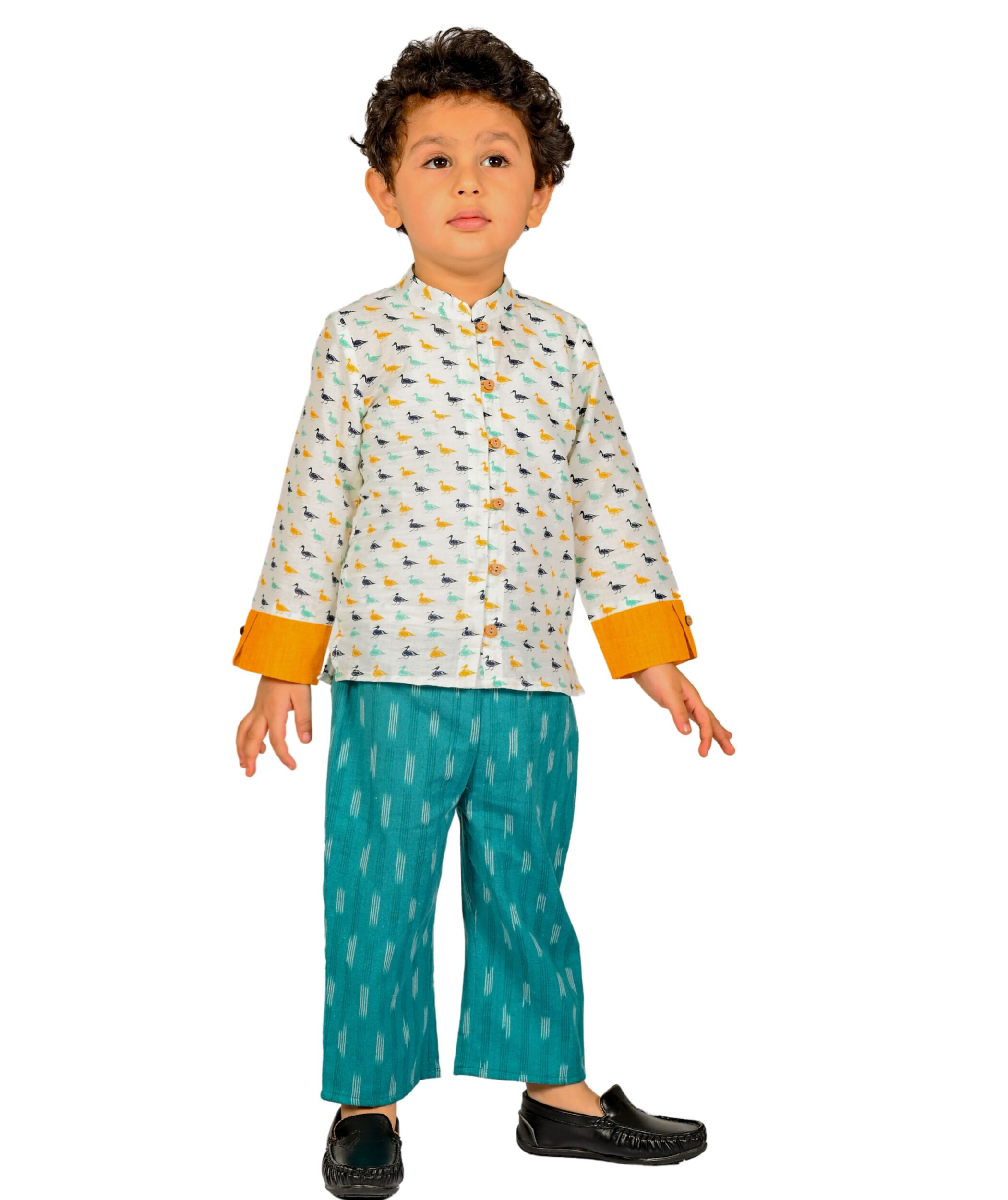 Baby Boys Cotton Shirt With Pant - White & Blue Clothing Set