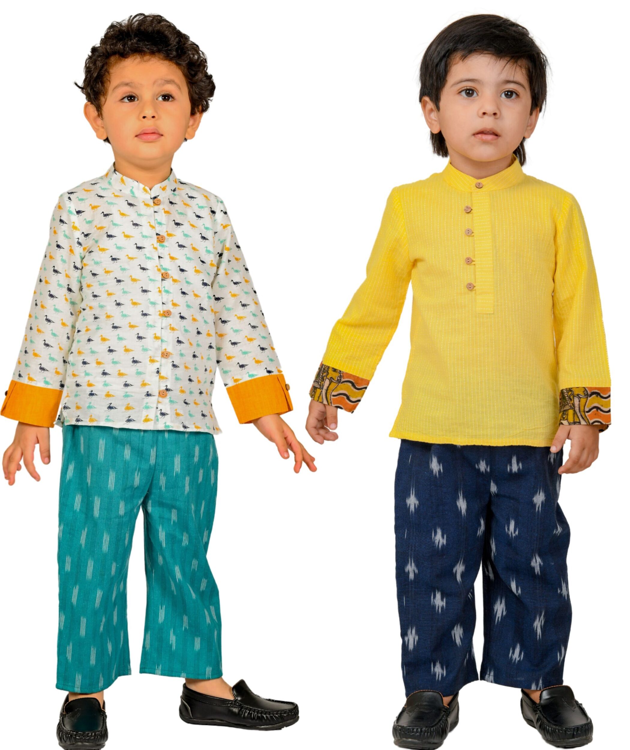 Baby Boys Cotton Shirt With Pant – White:Blue & Yellow:Blue Combo Set