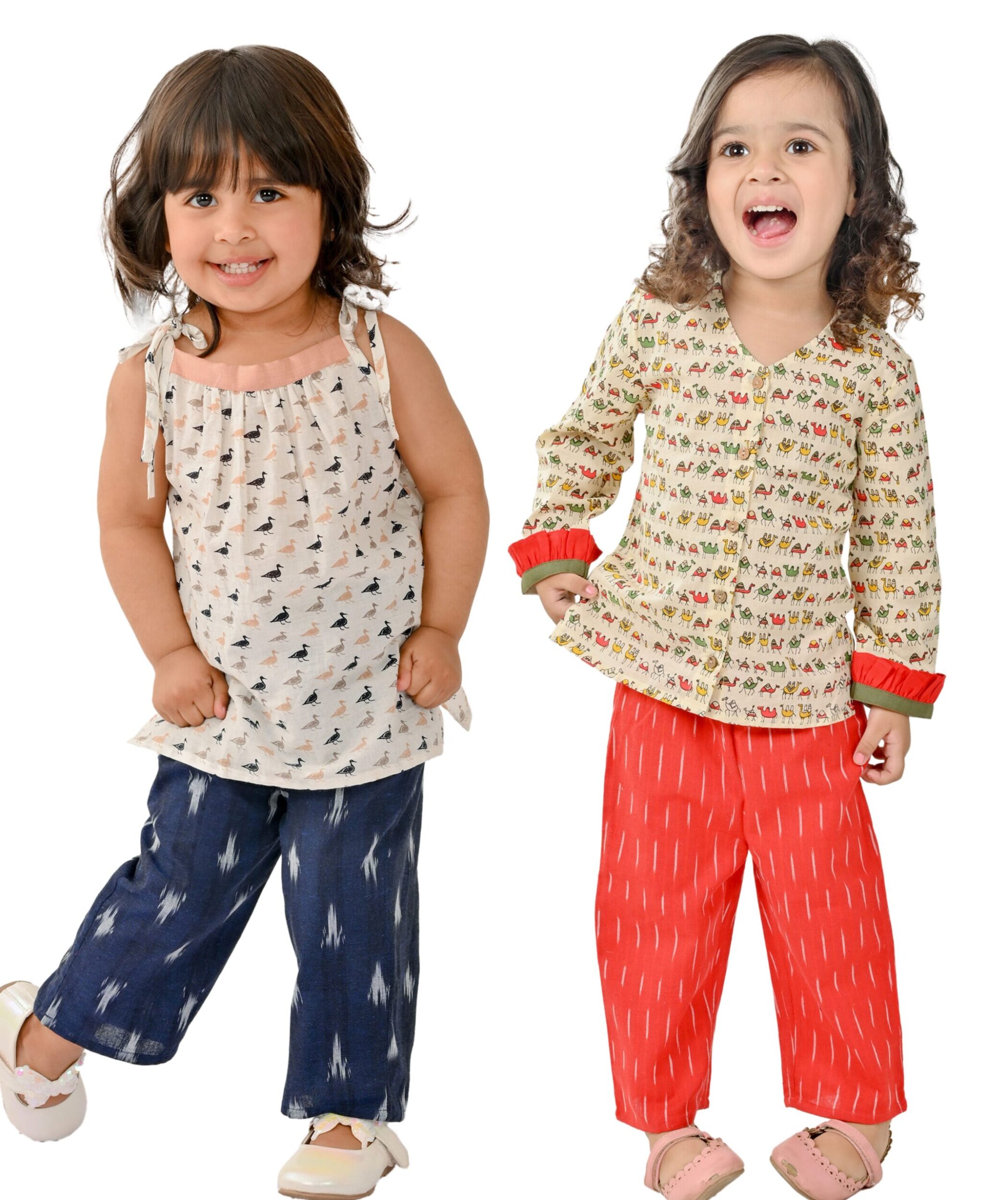 Baby Girls Cotton Clothes Top With Pant – White:Blue & Beige:Red Combo Set