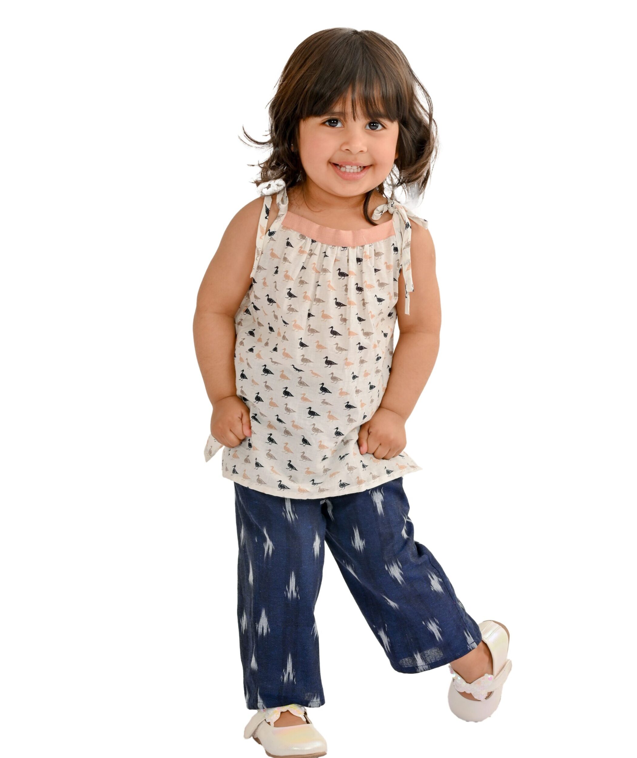 Baby Girls Cotton Top With Pant - White & Blue Clothing Set